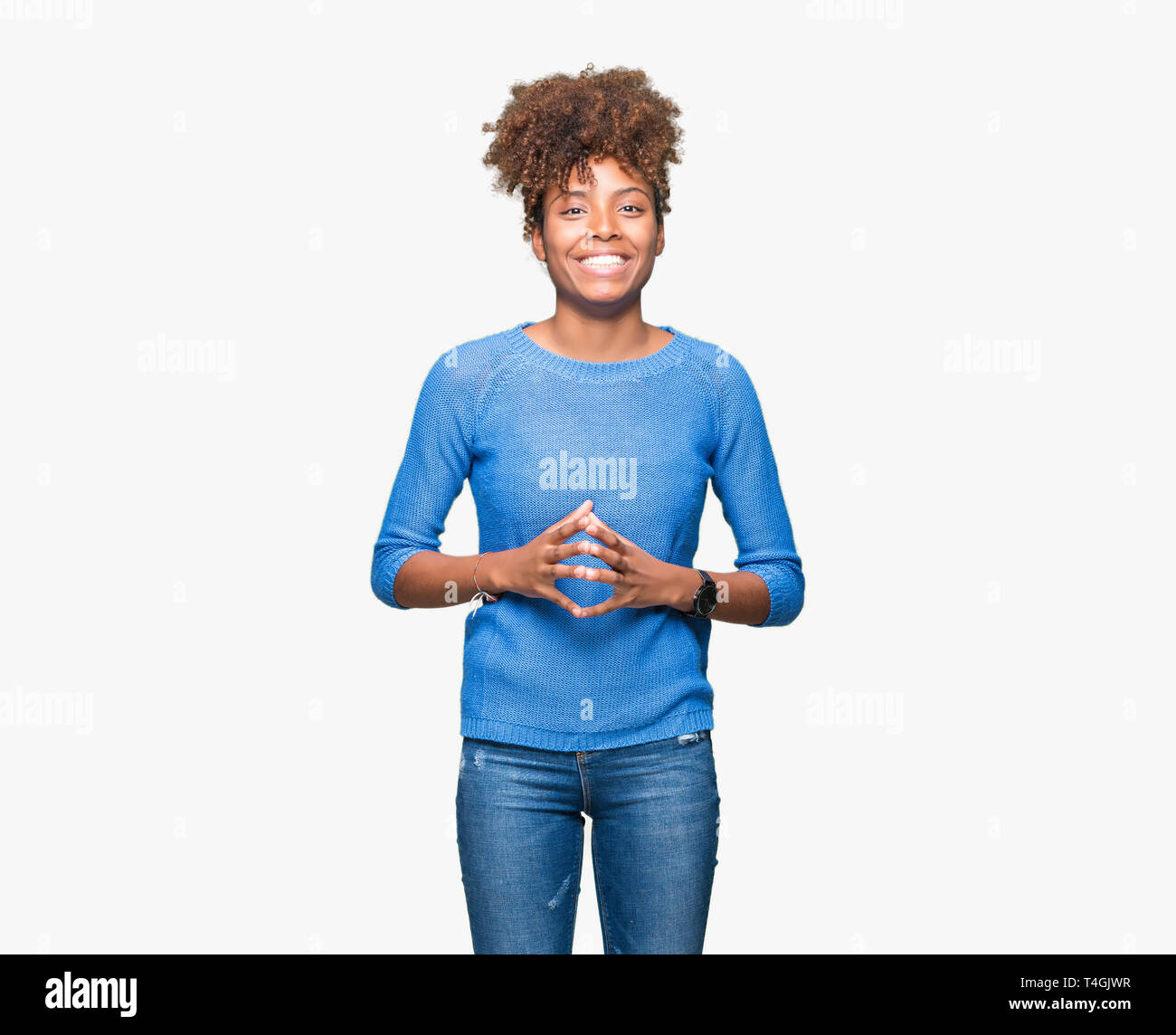 Beautiful young african american woman over isolated background Hands ...