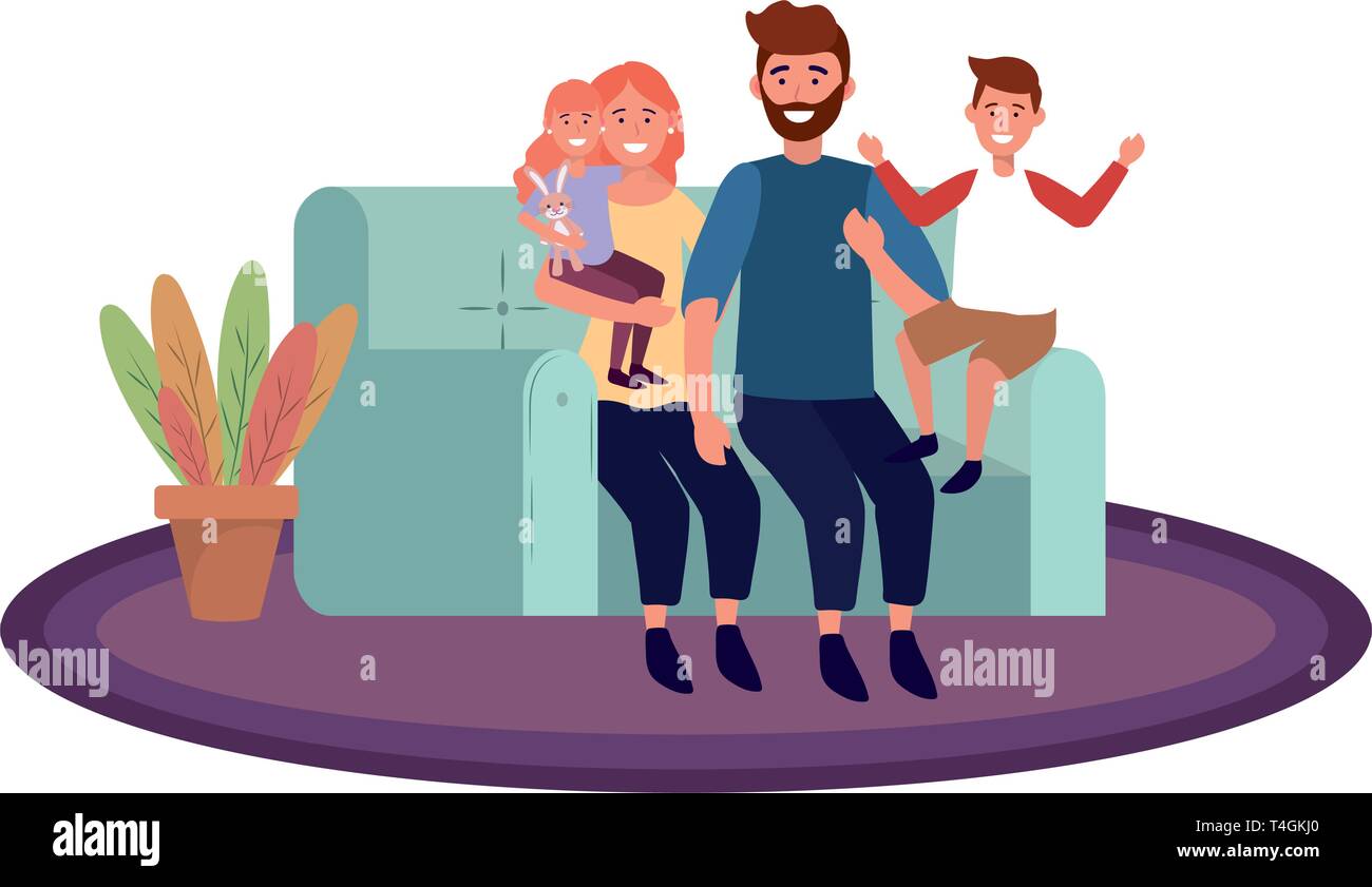Couple With Children Avatar Cartoon Character Sitting On A Couch