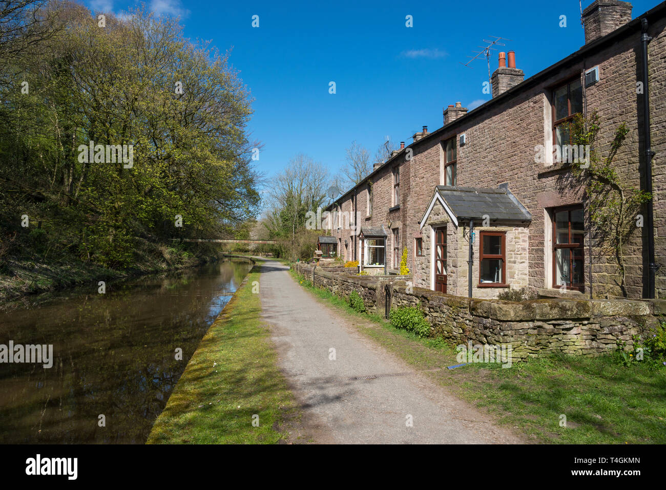 Row of old stone cottages (Teapot row) beside the Peak Forest canal near Whaley Bridge, Derbyshire, England. Stock Photo