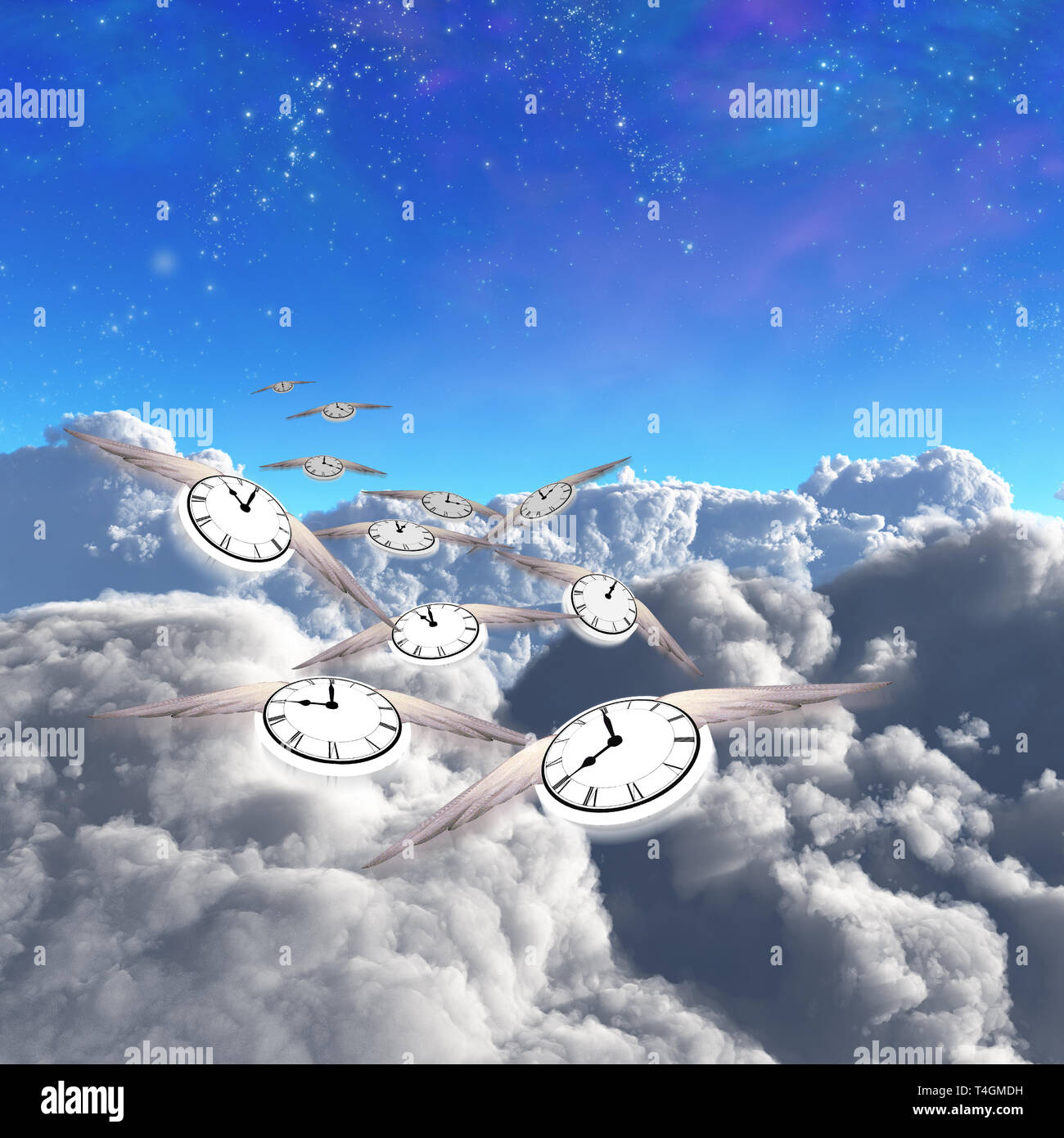 Flying time. Winged clocks Stock Photo Alamy