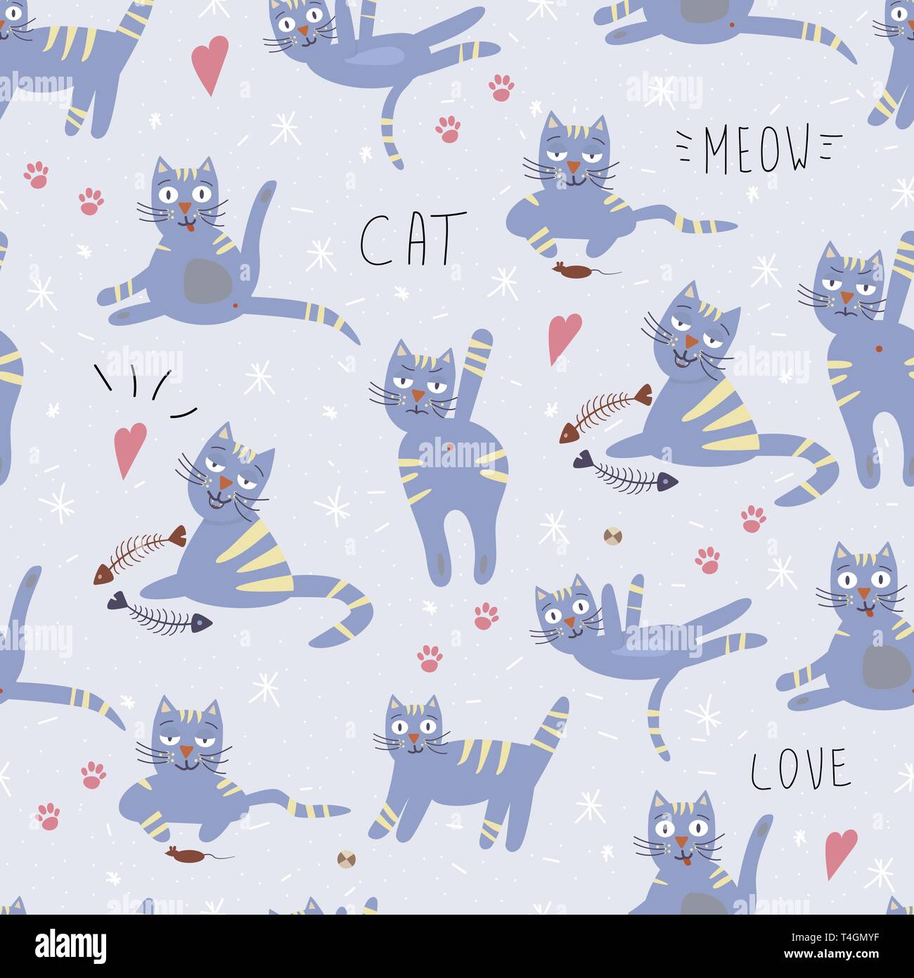vector seamless pattern with cute emotion cat Funny cartoon characters Stock Vector