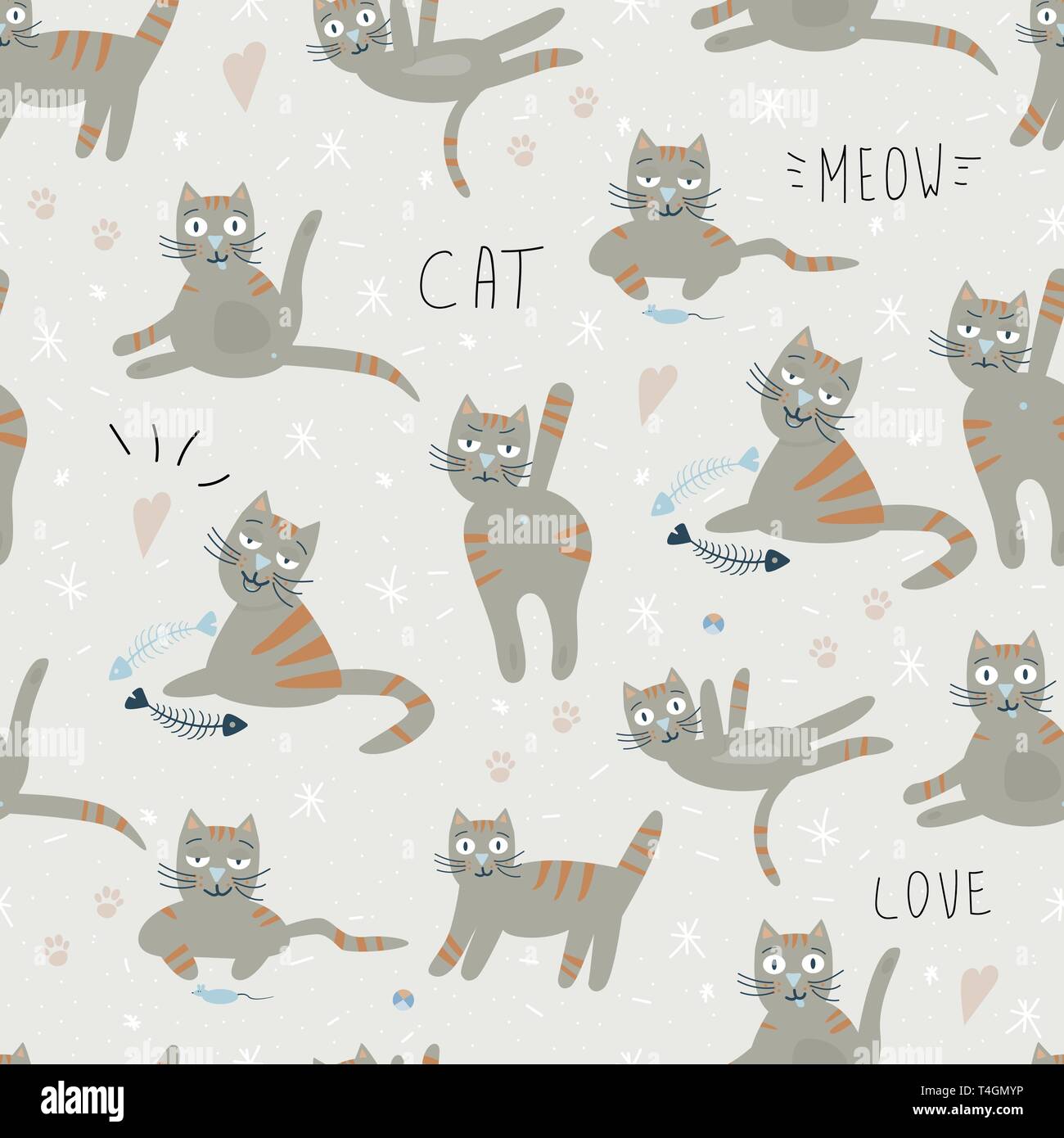 vector seamless pattern with cute emotion cat Funny cartoon print Stock Vector