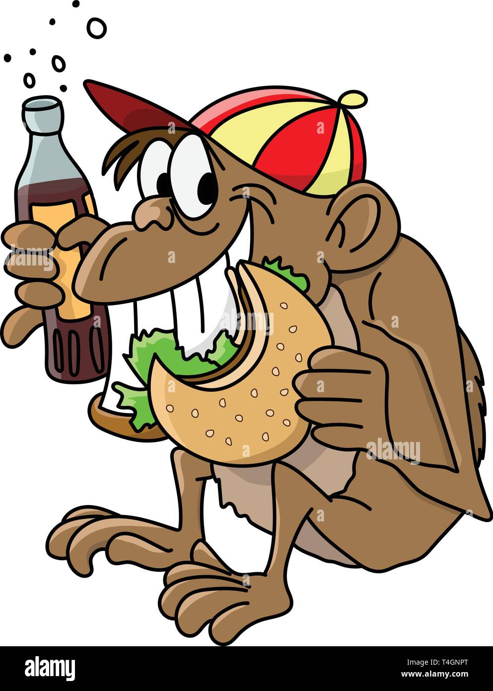 Cartoon monkey eating hamburger and drinking cola vector illustration Stock Vector