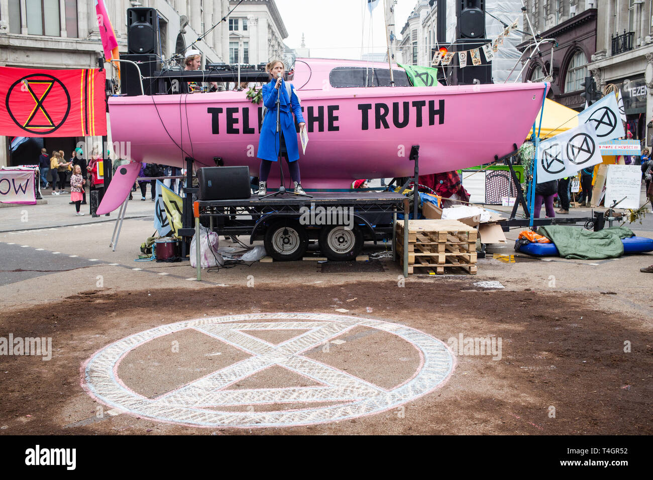 London UK 16th Apr 2019  A boat with'Tell The Truth' written on the side on Oxford Street as Environmental activists demonstrate. Stock Photo