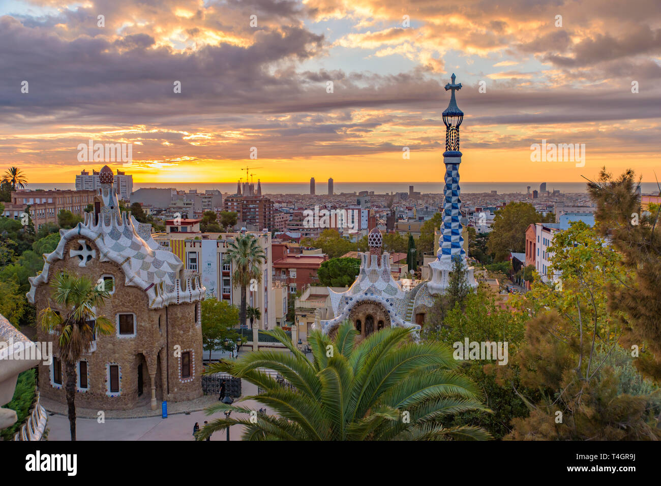 Sunrise in Park Guell in Barcelona, Spain Stock Photo