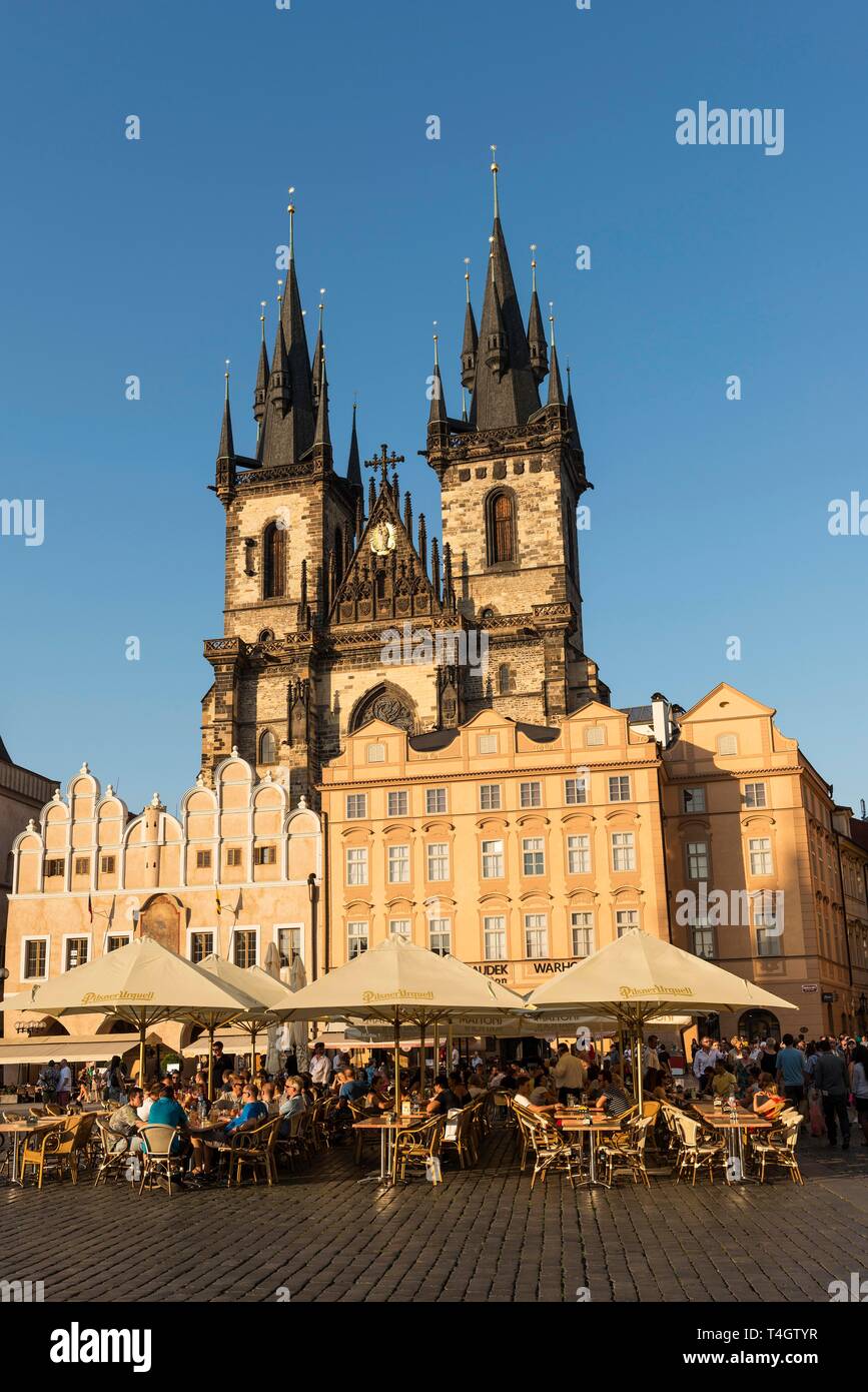 Restaurant in front of Tyn Church, Old Town, Prague, Bohemia, Czech Republic Stock Photo