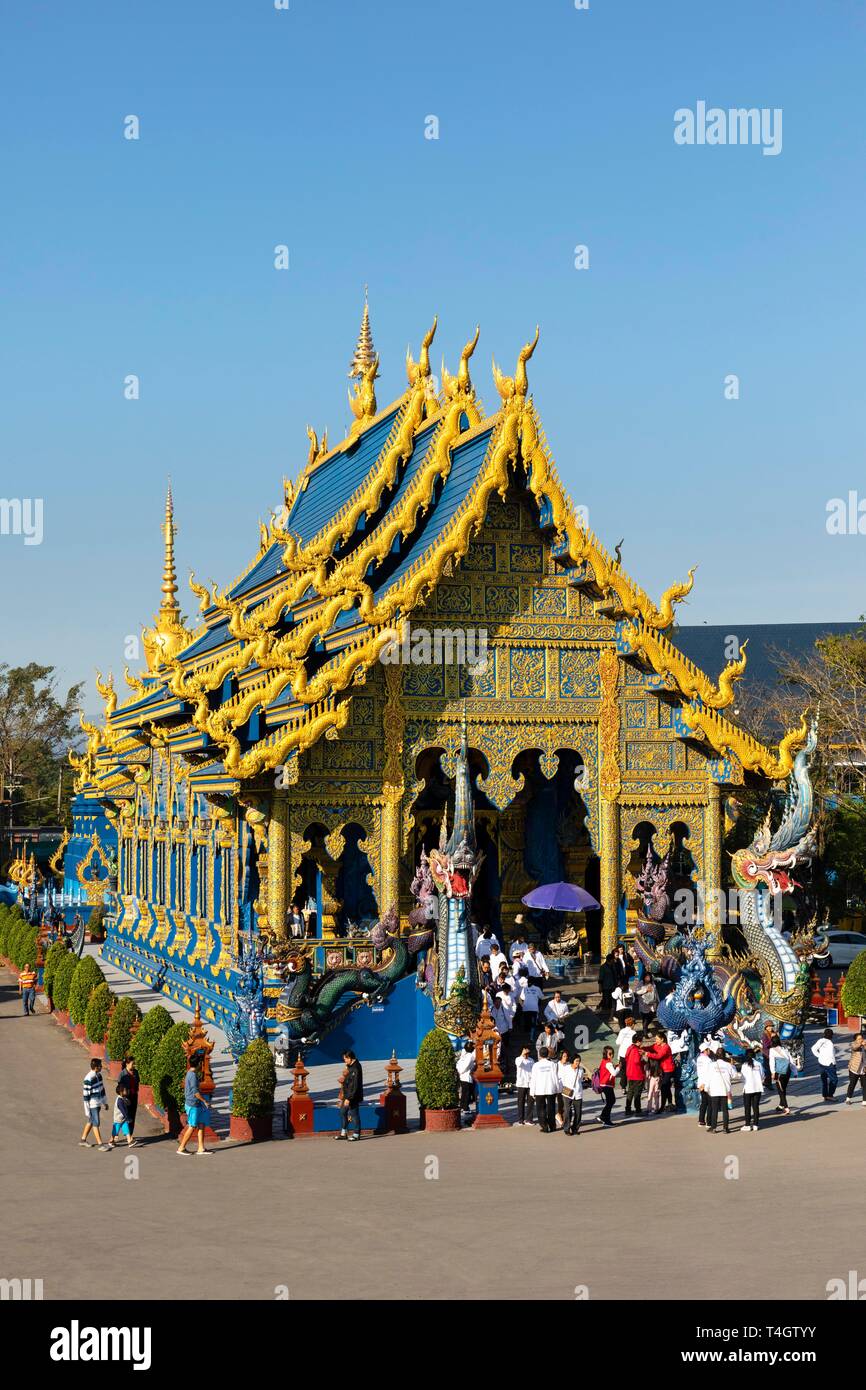 Tourists at the entrance of Wat Rong Seur Ten, Blue Temple, Chiang Rai, Northern Thailand, Thailand Stock Photo