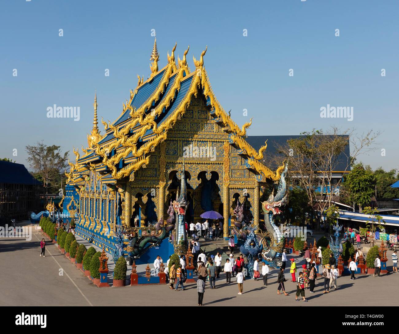 Tourists at the entrance of Wat Rong Seur Ten, Blue Temple, Chiang Rai, Northern Thailand, Thailand Stock Photo