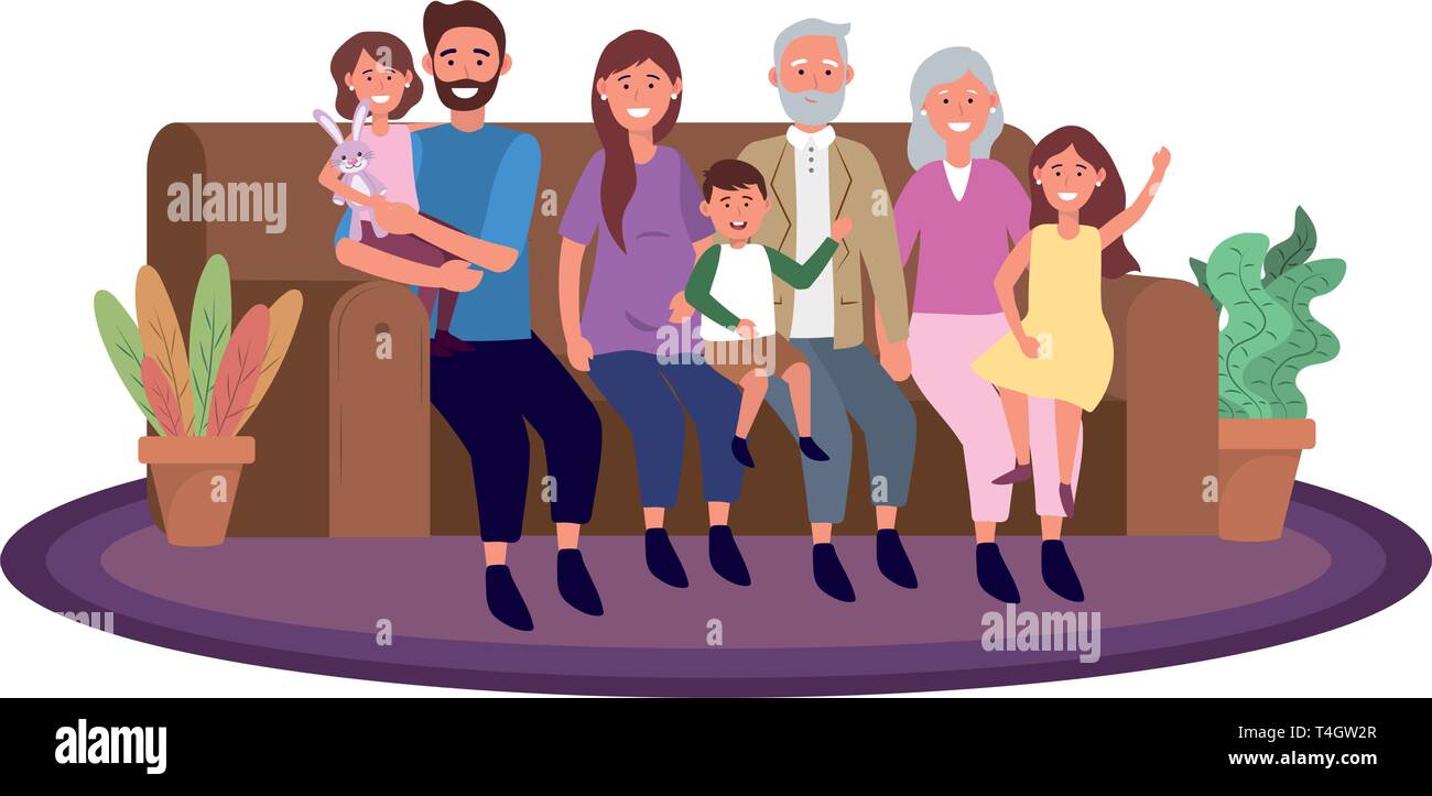 Family Avatar Cartoon Character Sitting On A Couch Vector
