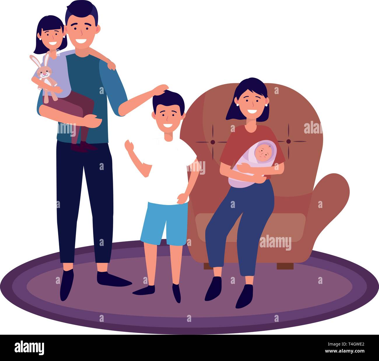 Couple With Children Avatar Cartoon Character Sitting On A Couch