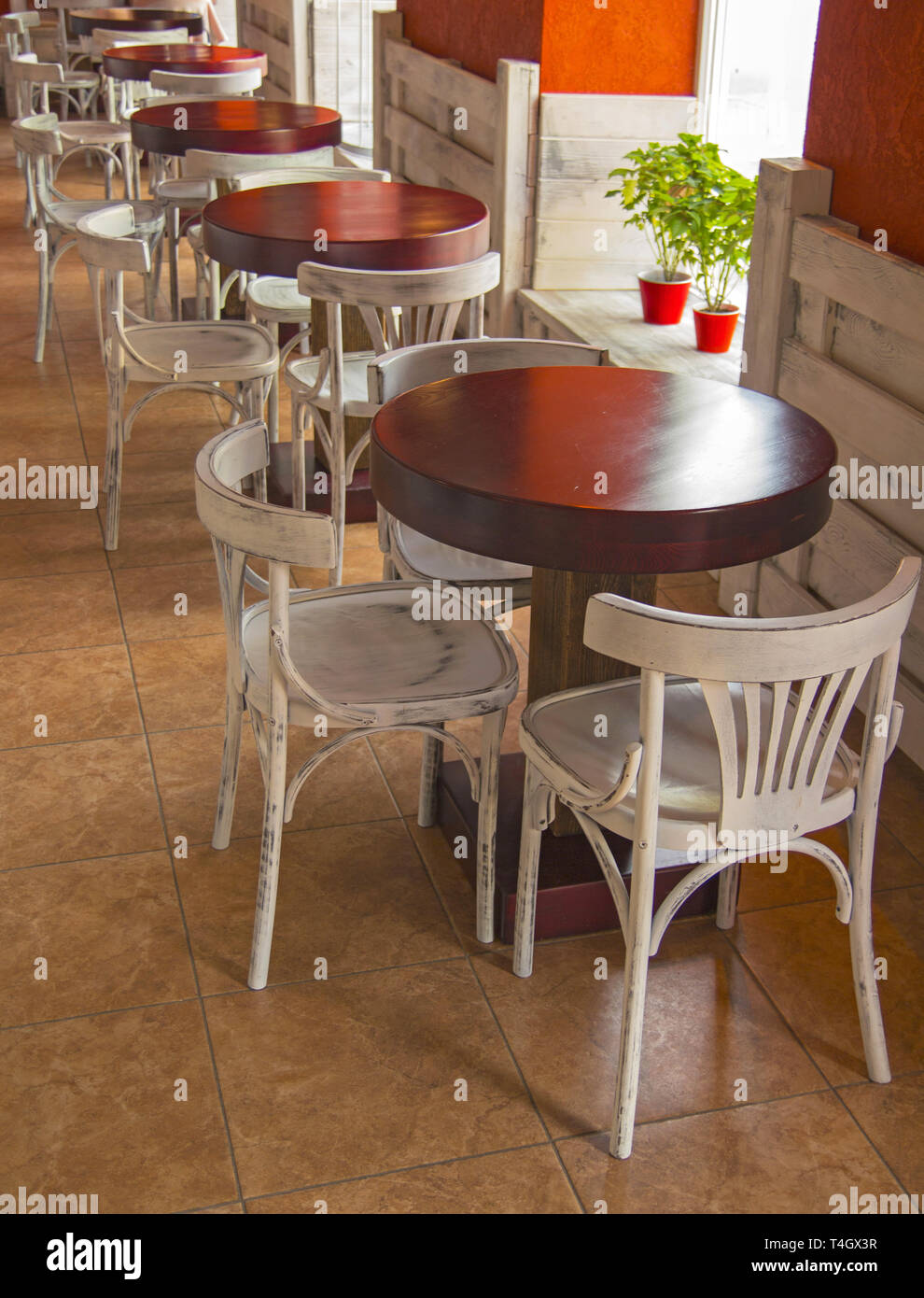 Kirovograd, Ukraine. May 2-2016. View of a Cafe with empty tables and chairs. Interior of summer cafe Stock Photo