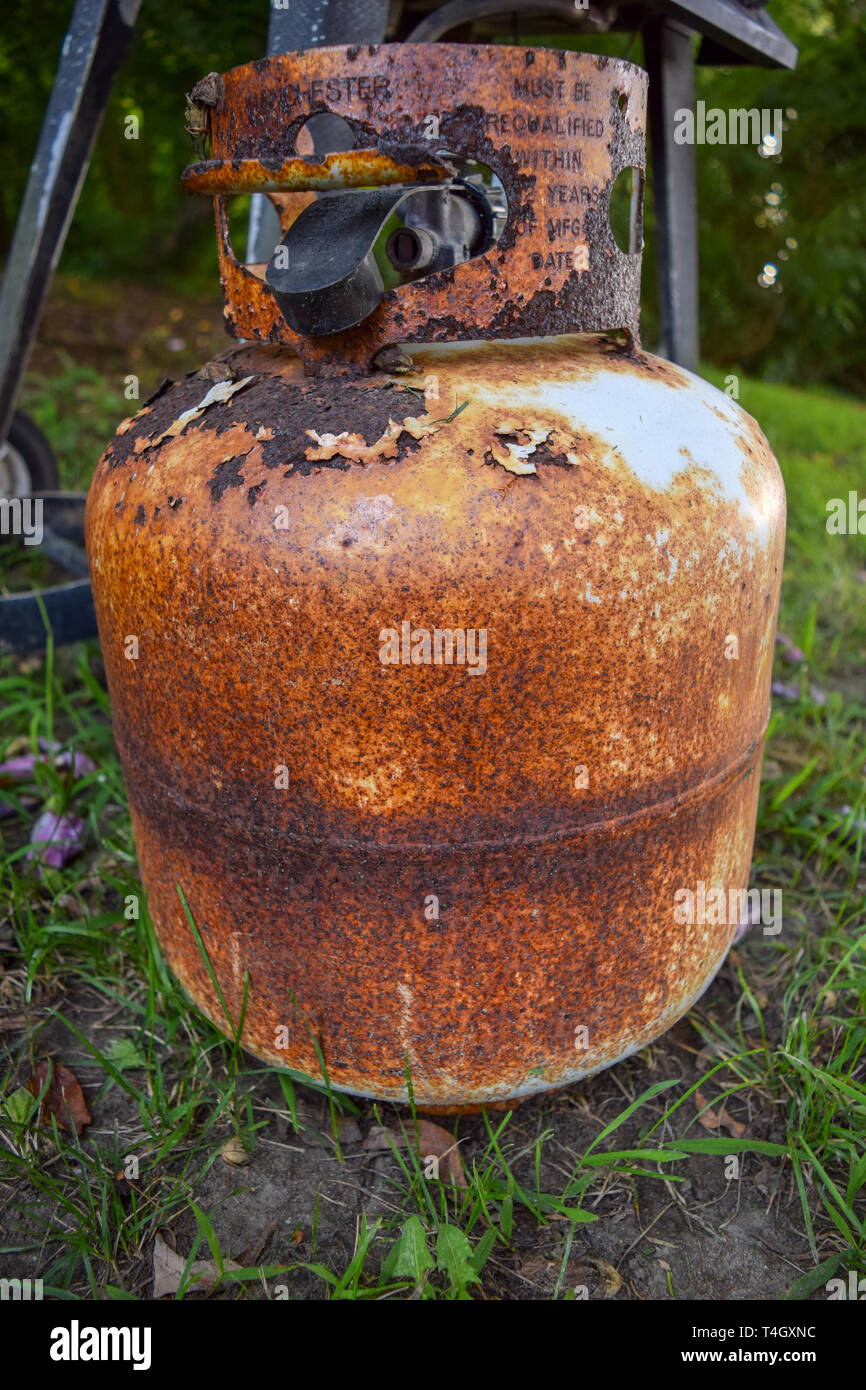 Old and very rusty propane canister Stock Photo
