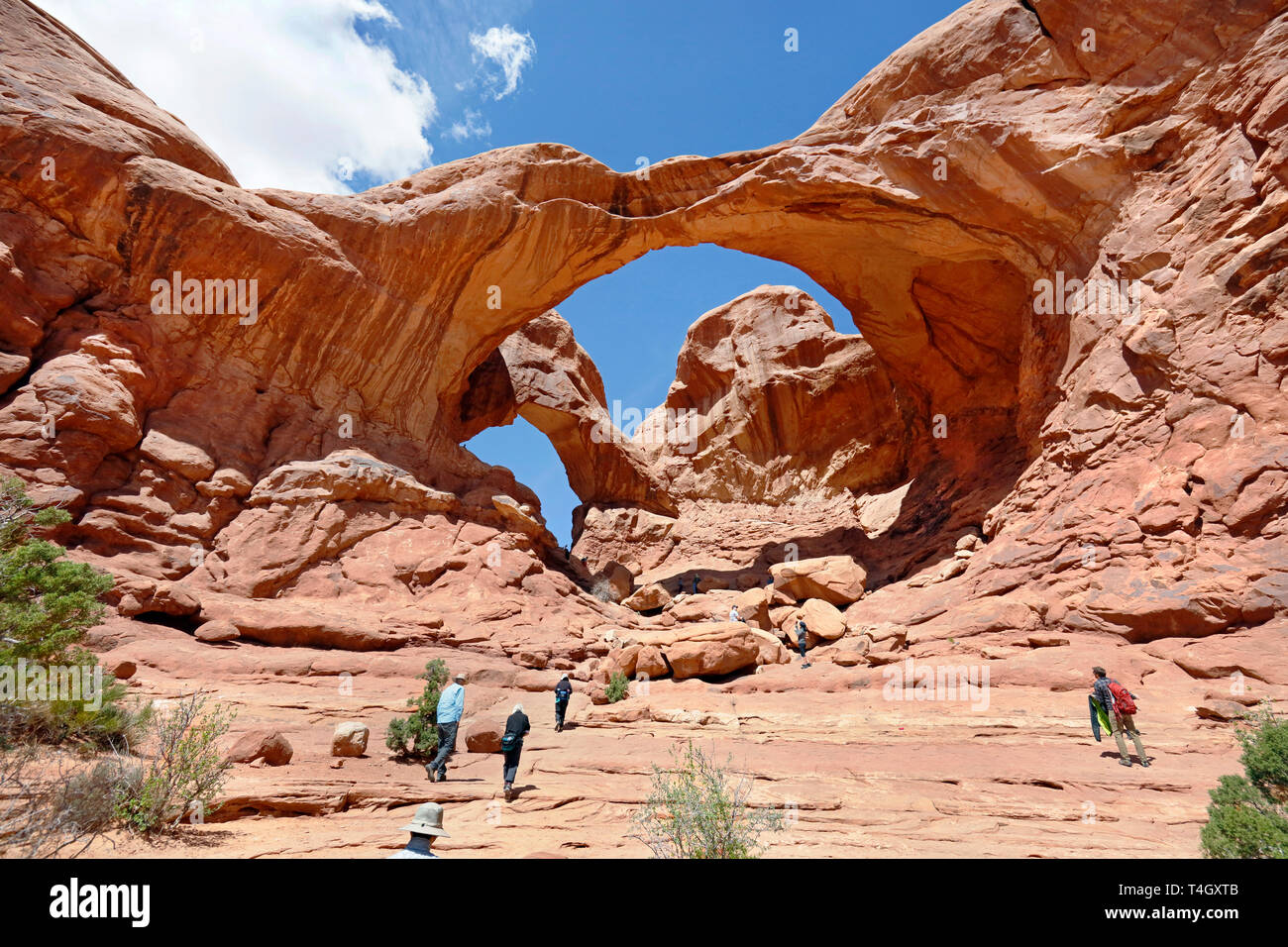 Visitors hike the sandy trail to ascend the awe inspiring Double Arch at the Arches Nation Park in Utah, USA. Stock Photo
