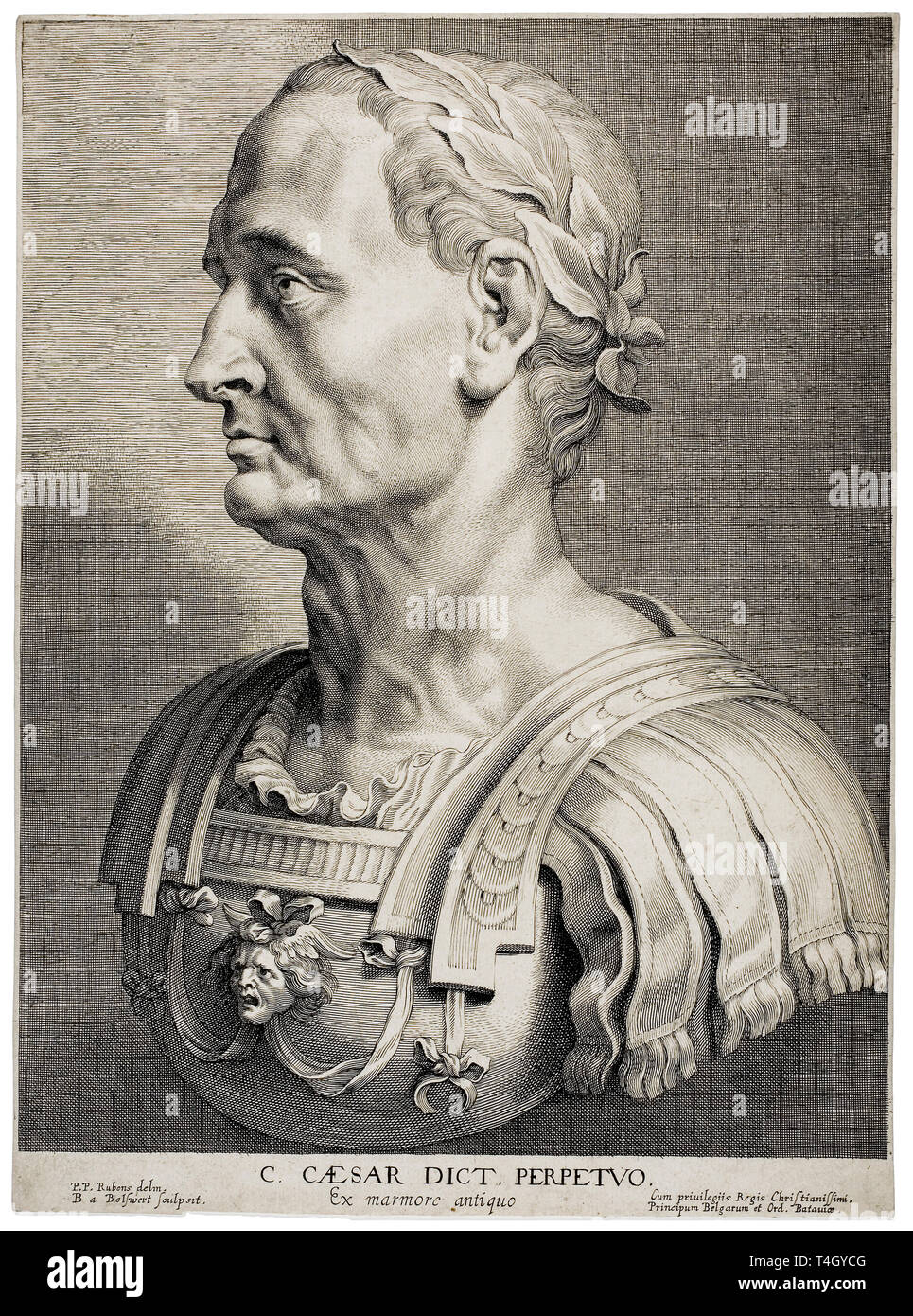 Julius Caesar portrait, Perpetual Dictator, bust engraving by Boëtius Adamsz. Bolswert after Peter Paul Rubens, c. 1633 Stock Photo