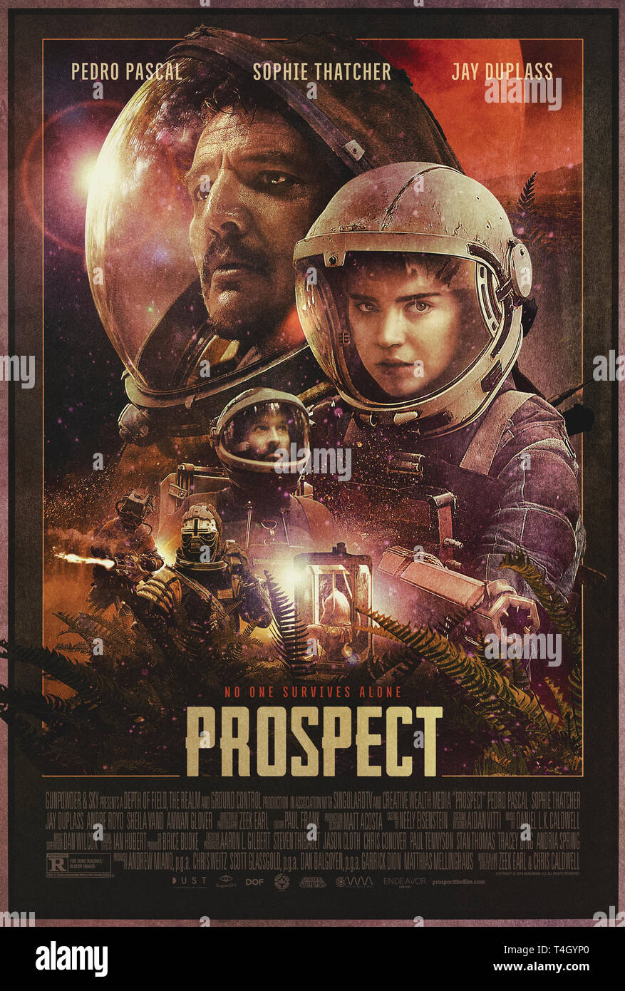 Prospect (2018) directed by Christopher Caldwell and Zeek Earl and starring Sophie Thatcher, Jay Duplass and Pedro Pascal. A father and daughter prospecting team land on a hostile alien moon. Stock Photo