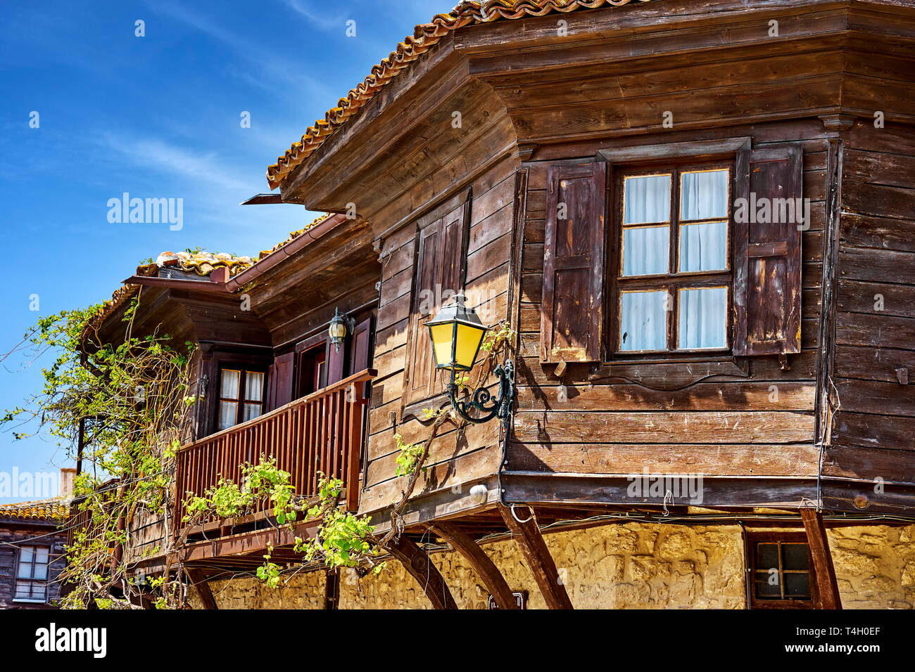 Traditional wooden architecture, Nessebar old town, Bulgaria Stock Photo