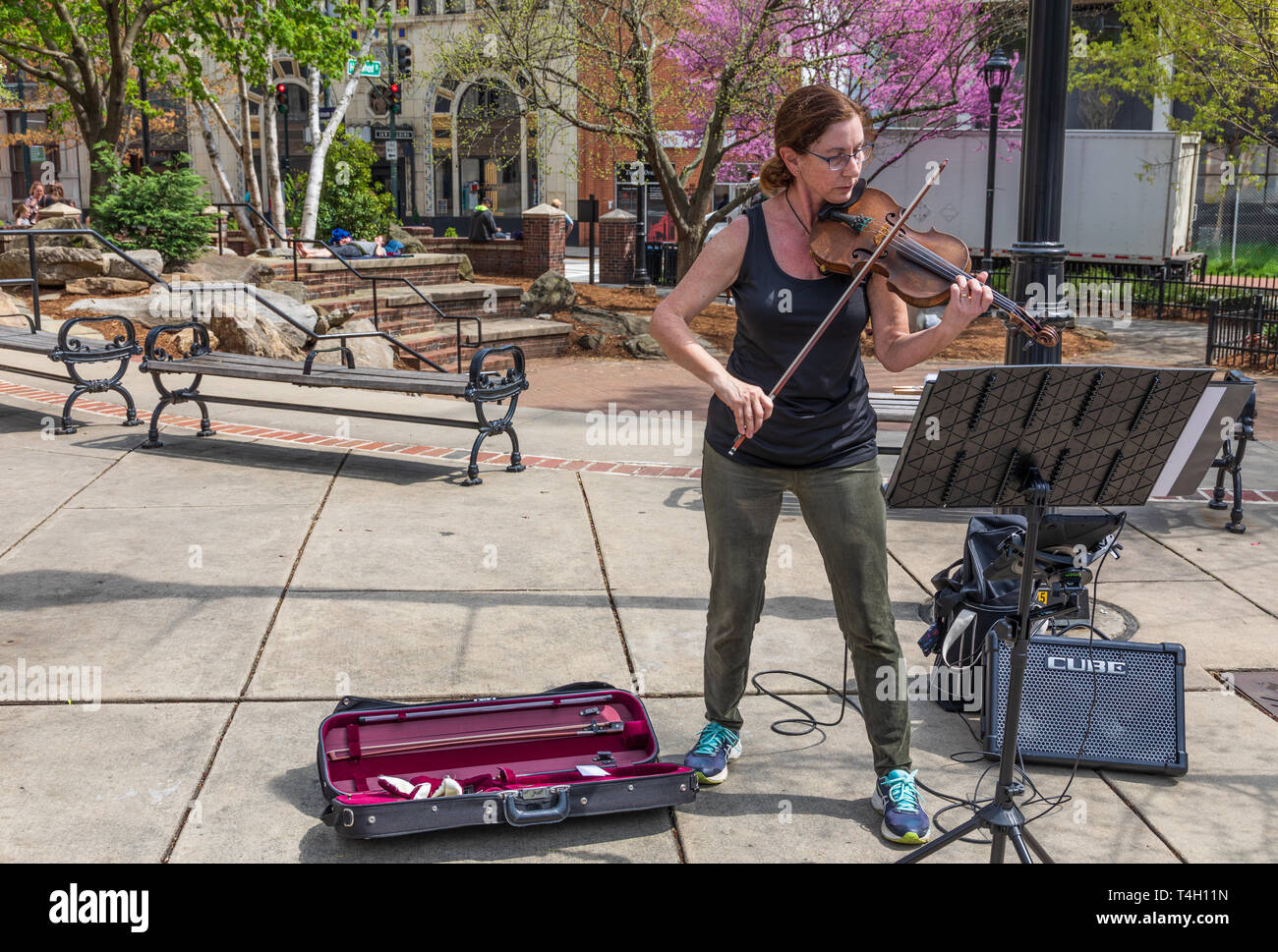 ASHEVILLE, NC, USA-4/11/19: A busker plays a violin (fiddle) in a downtown park on a sunny early spring day. Stock Photo