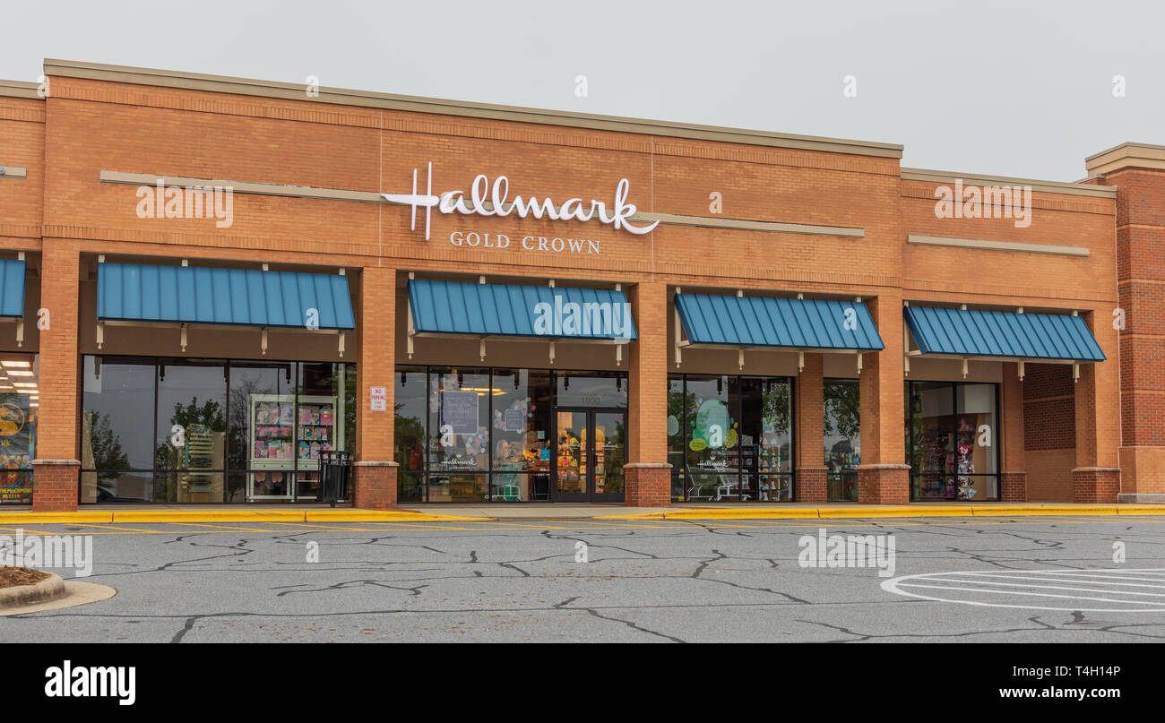 HICKORY, NC, USA-4/13/19: A Hallmark Gold Crown store front.  Hallmark is a private, family-owned company specializing in greeting cards, a cable TV c Stock Photo