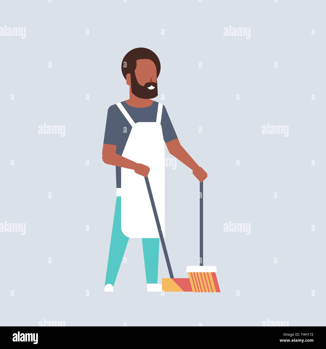 man sweeping floor with broom and scoop african american guy doing