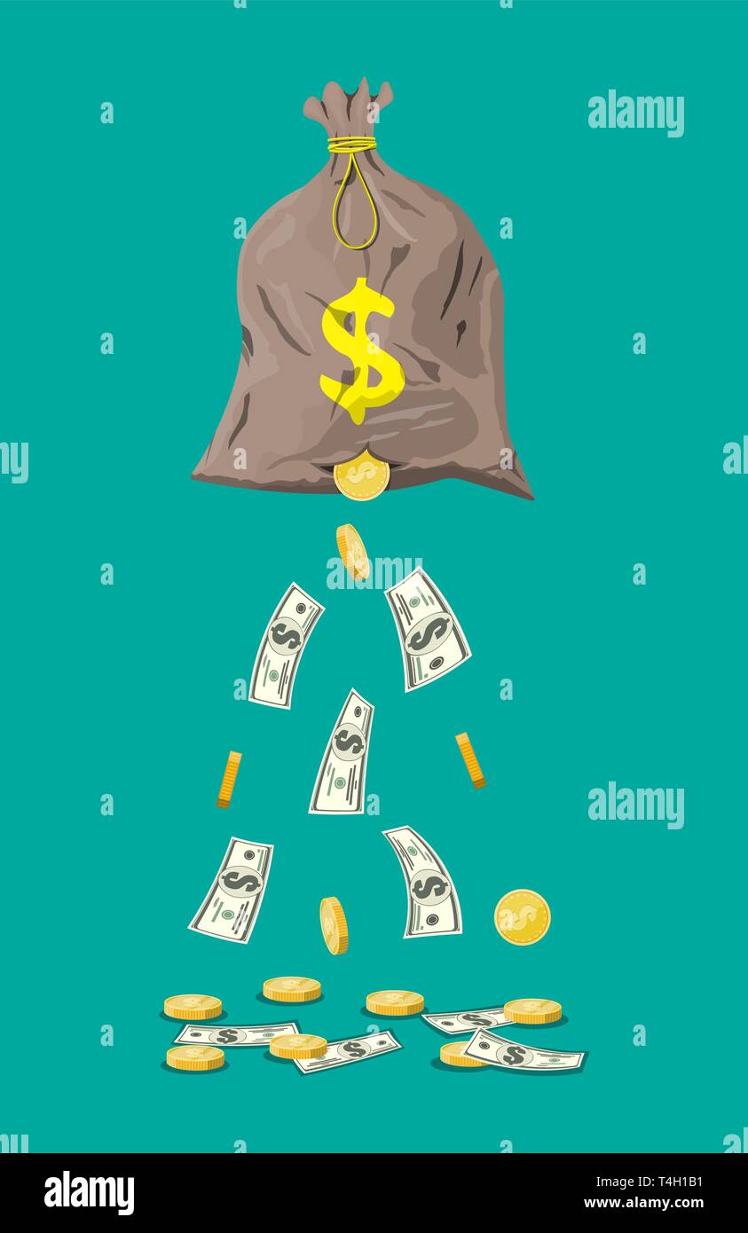 Money bag with hole. Losing golden coins and dollar cash. Losing money