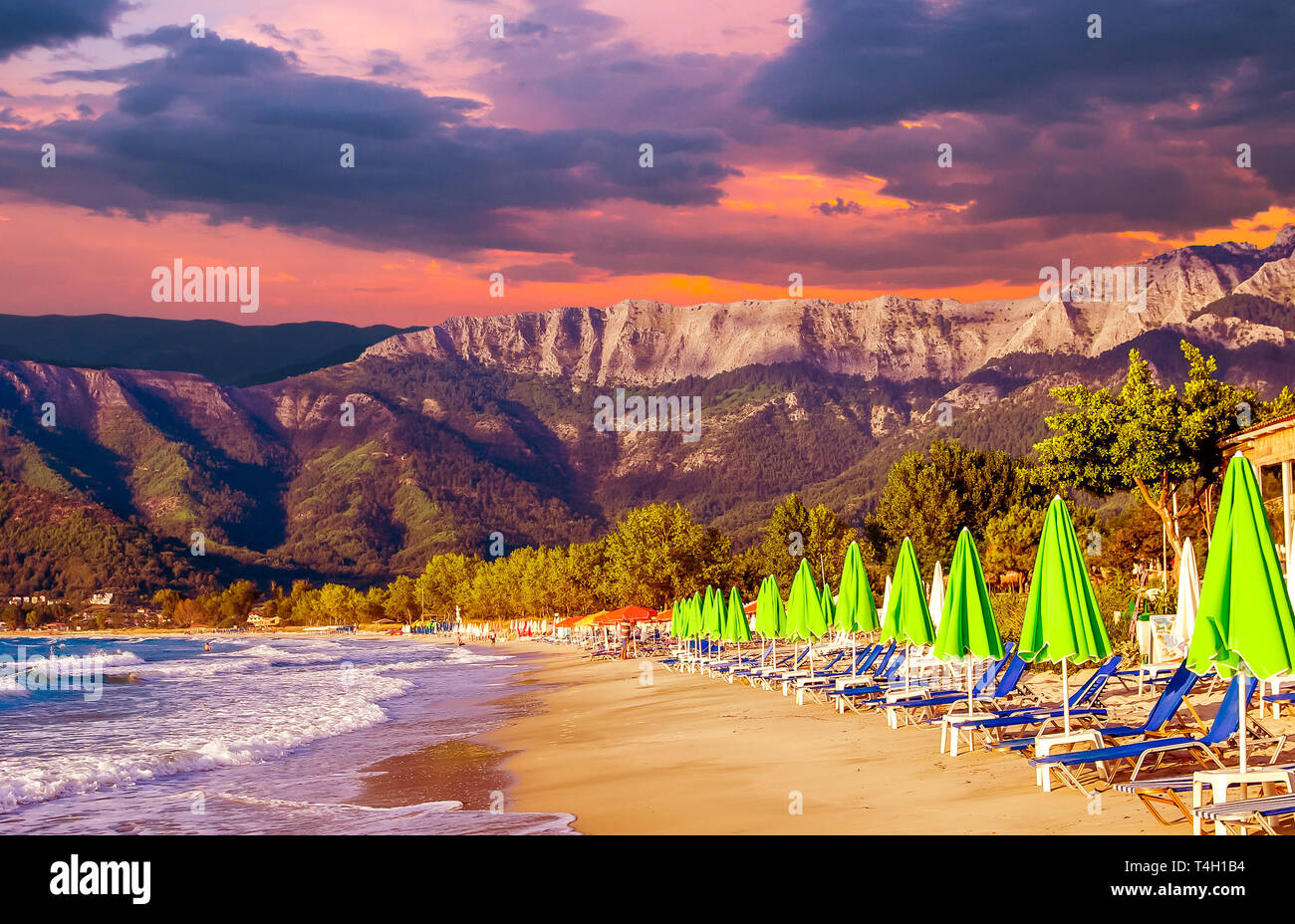 Stunning sunset at Psili Ammos beach, Thassos island, Greece. It is