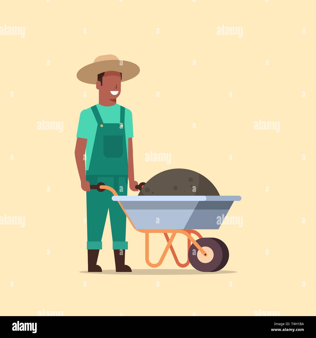 gardener man pushing wheelbarrow full of earth compost african american male farmer working in garden wearing overalls gardening concept full length Stock Vector