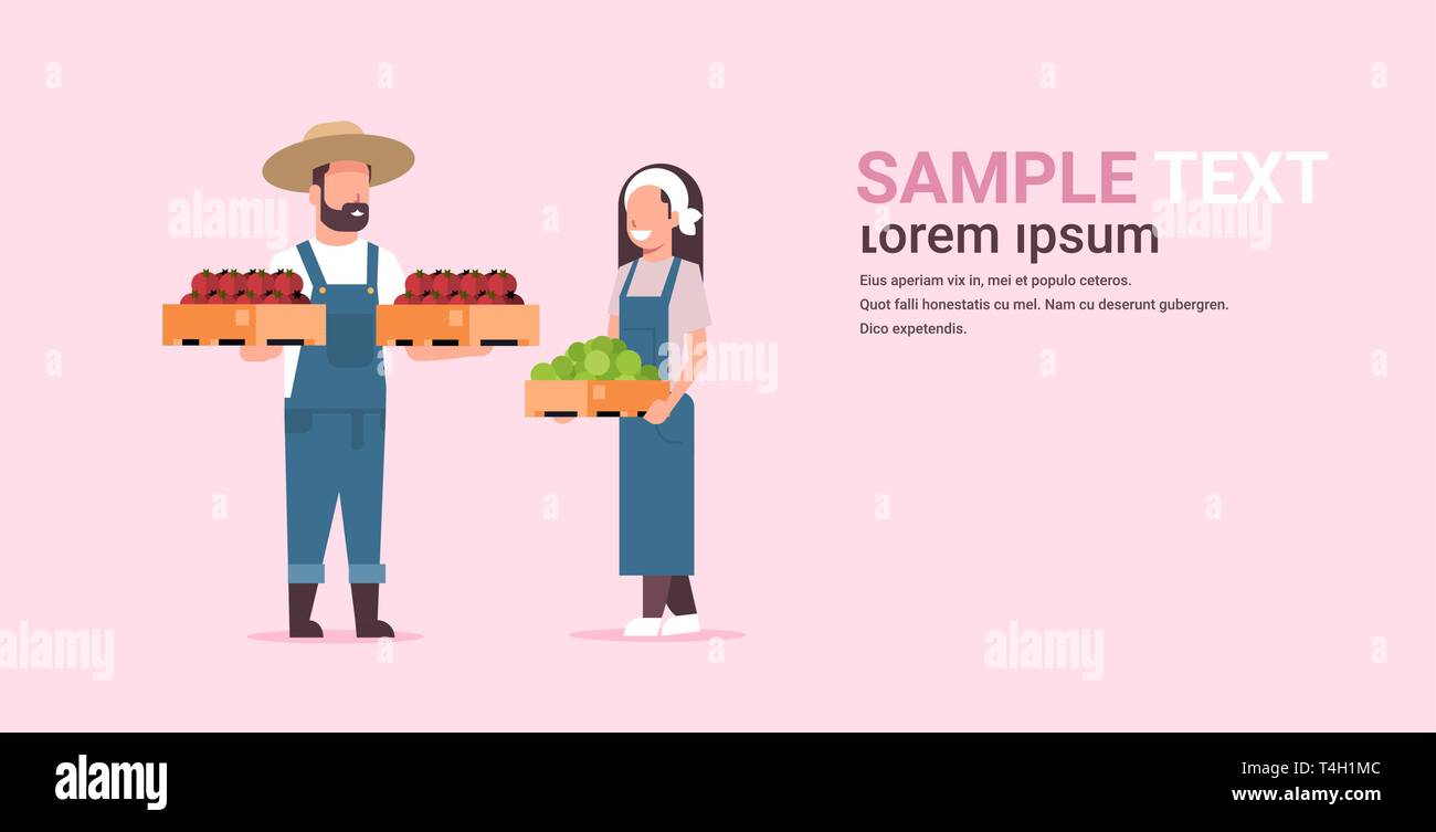 couple farmers holding boxes with red and green tomatoes man woman ...