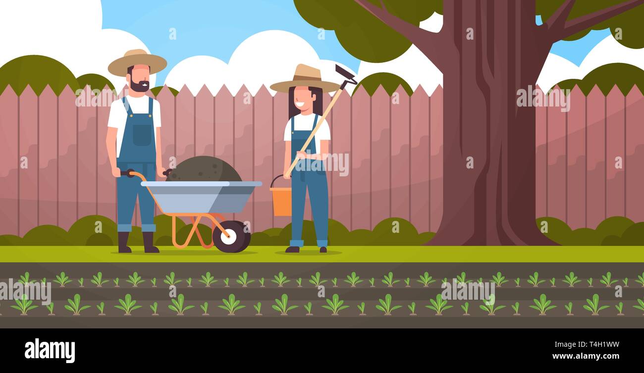 gardener man with wheelbarrow of earth woman holding hoe and bucket couple farmers planting beet plants vegetables gardening concept full length Stock Vector