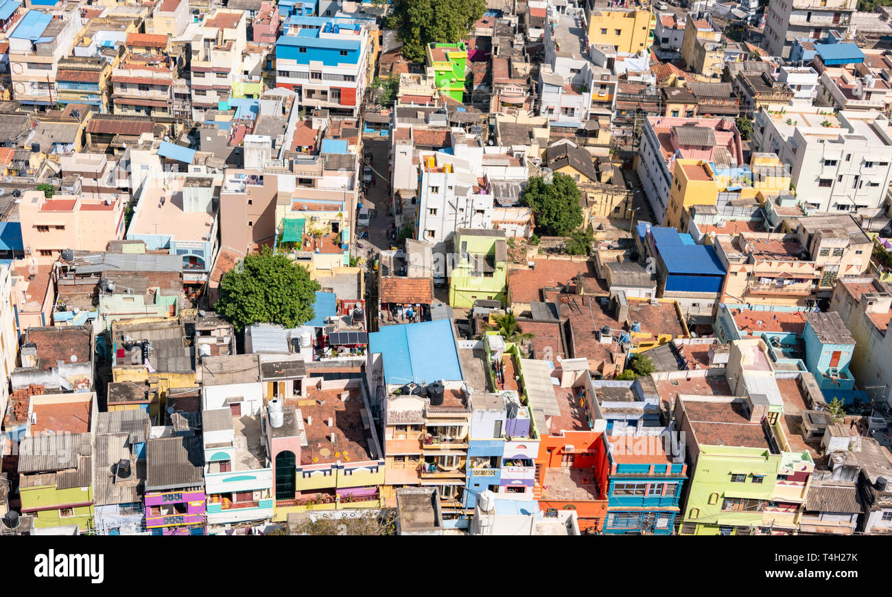 Horizontal aerial cityscape across Trichy, India. Stock Photo