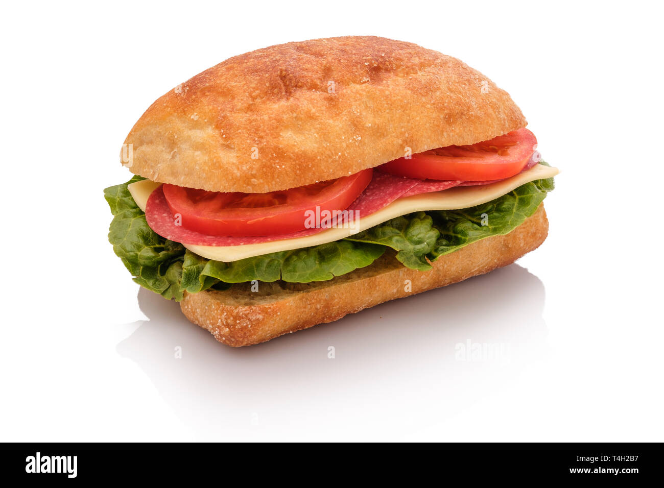 Sandwich roll ciabiatta with salami sausage and tomato and cheese white isolated Stock Photo