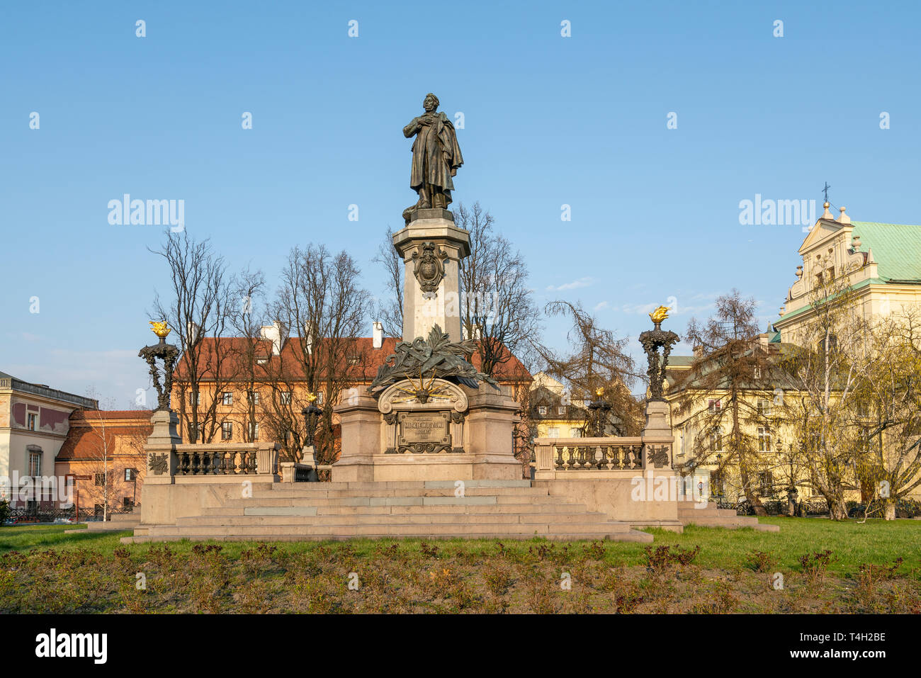 Warsaw, Poland. April 2019.   A view  of the monument of Adam Mickiewicz in a garden in Warsaw Stock Photo