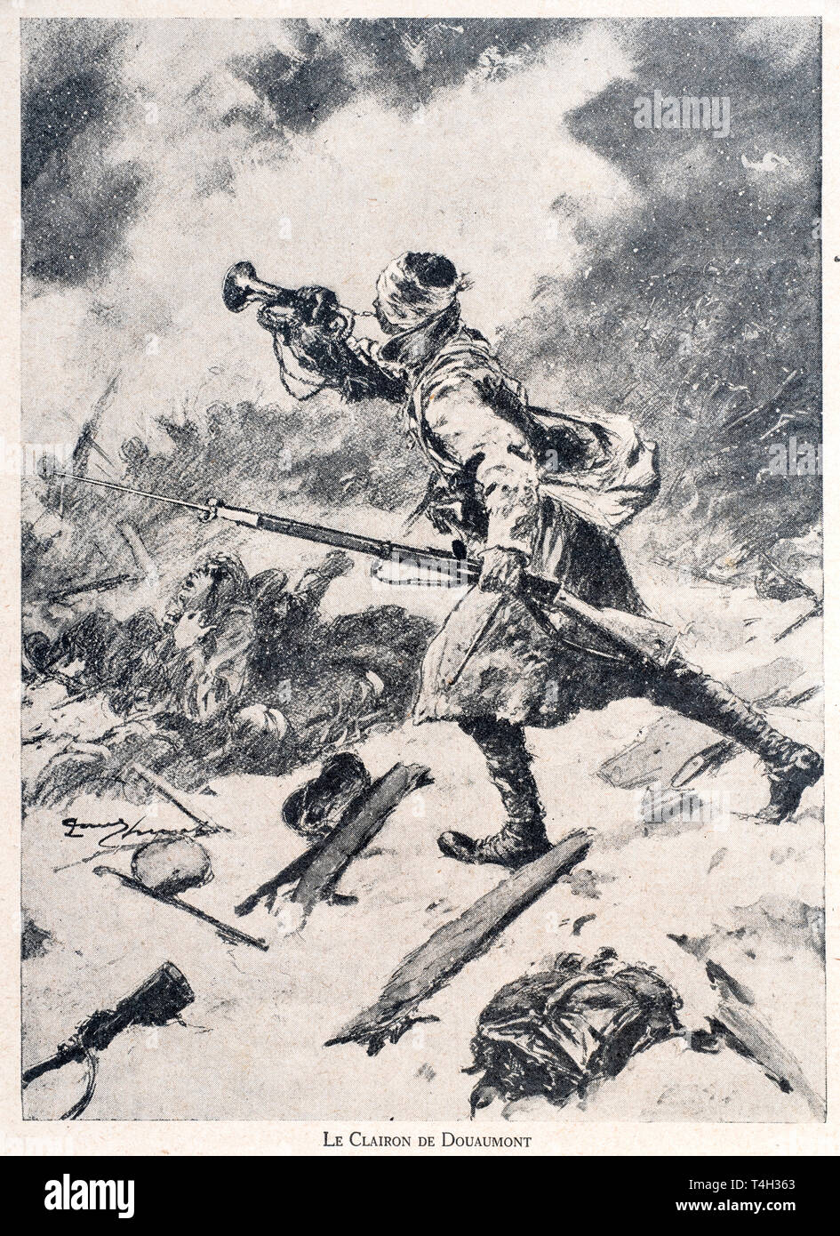 Le Clairon de Douaumont / The Douaumont Bugler, WW1 drawing by the French illustrator Paul Thiriat Stock Photo