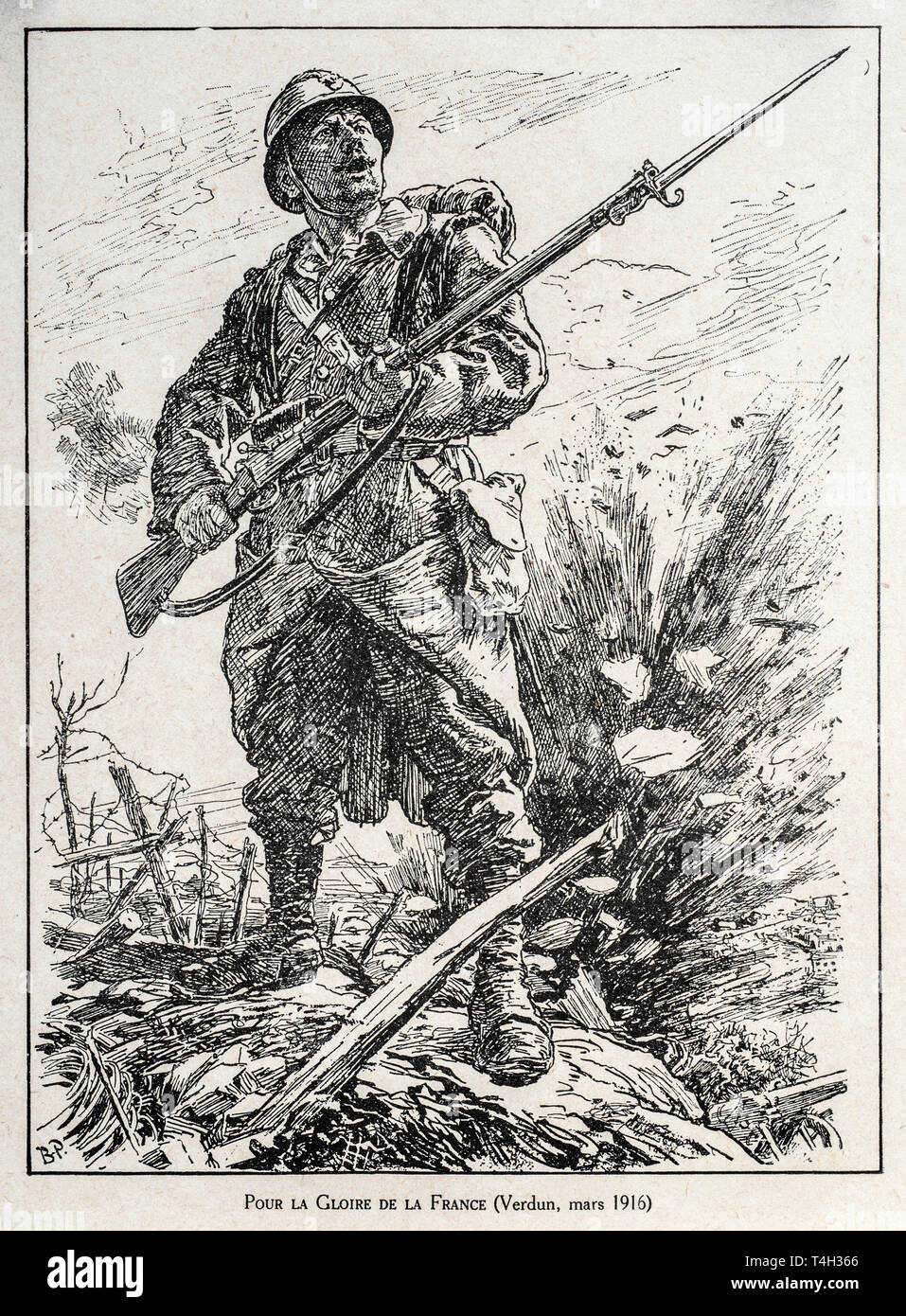 Pour la Gloire de la France / For France's Glory, WW1 drawing by English illustrator Bernard Partridge showing French soldier with rifle and bayonet Stock Photo