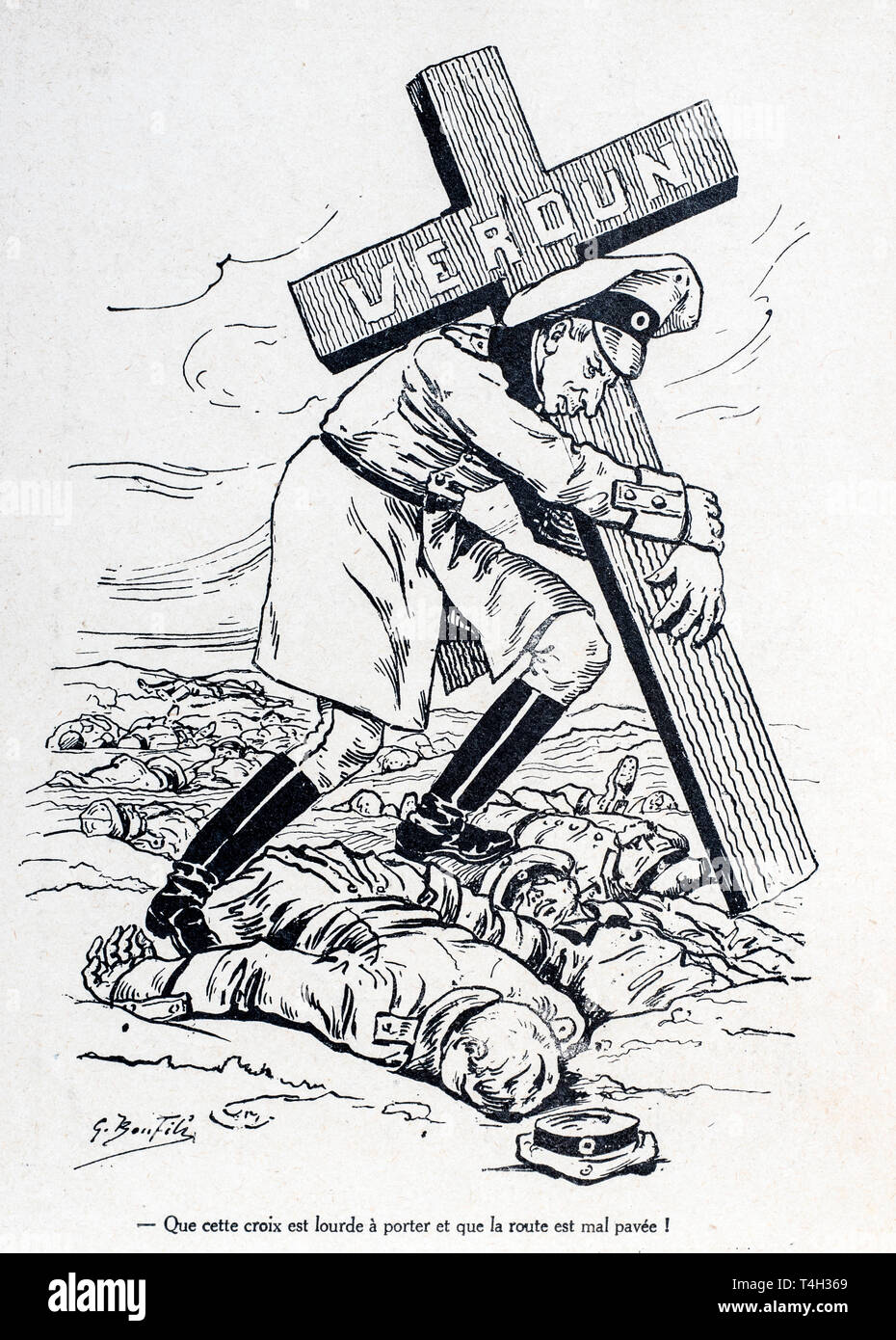 WW1 caricature by Gaston Bonfils showing Crown Prince / Kronprinz Wilhelm von Preußen carrying cross over dead bodies of killed soldiers at the Verdun battlefield Stock Photo