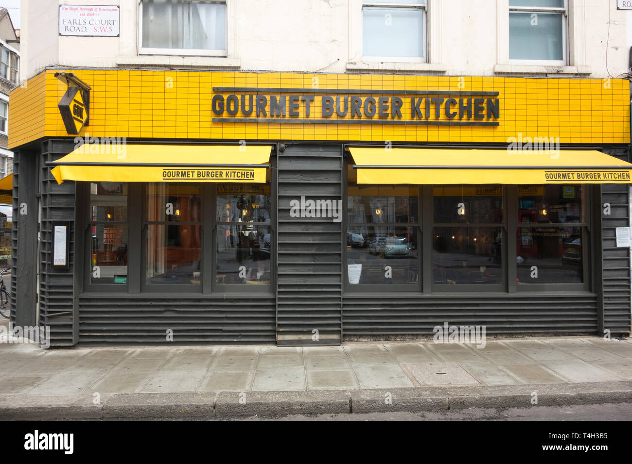 Exterior of Gourmet Burger Kitchen (GBK) upmarket burger chain restaurant in Earl's Court, London, UK Stock Photo