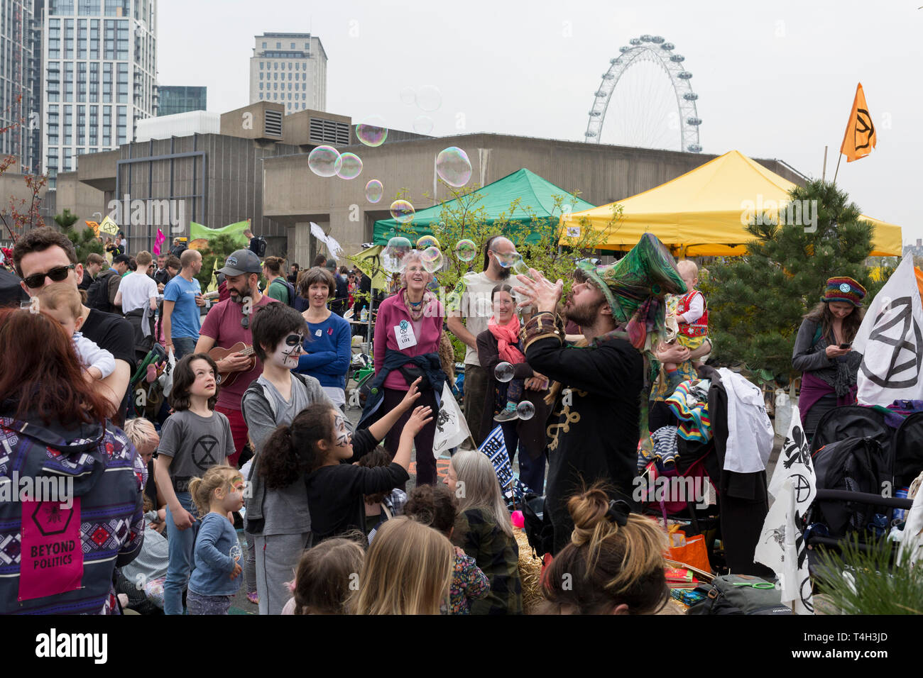 Climate Change activists with Extinction Rebellion campaign for a better future for planet Earth after blocking Waterloo Bridge and as part of a multi-location 5-day Easter protest around the capital, on 16th April 2019, in London, England. Stock Photo