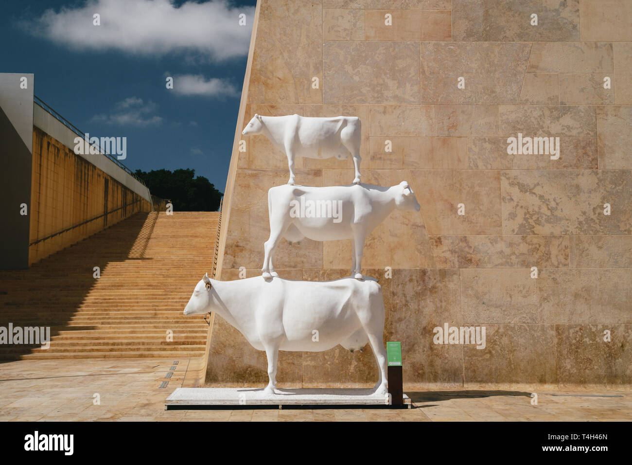VALLETTA, MALTA - SEPTEMBER, 15 2018: Modern statue, sculpture of three white cows standing on each other near to Valletta City Gate in Malta and dark Stock Photo