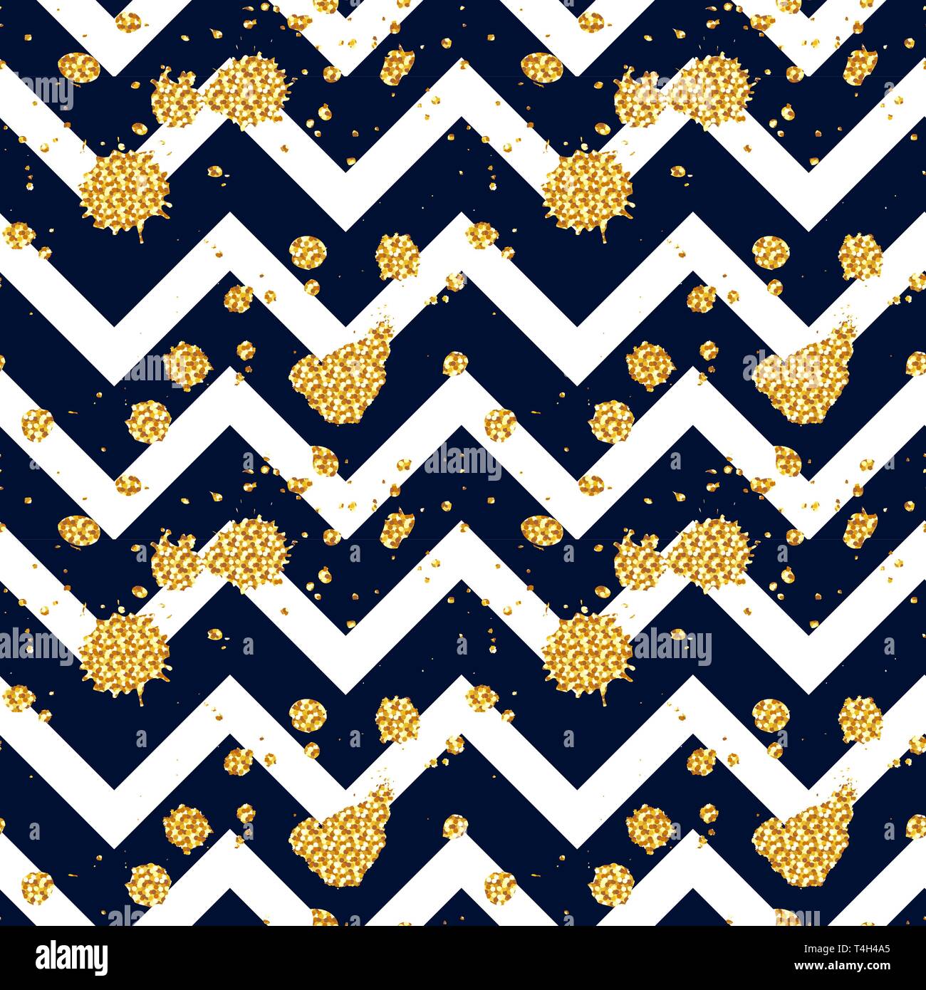 Seamless pattern with glittering splashes and stains on chevron background. Vector illustration. Stock Vector