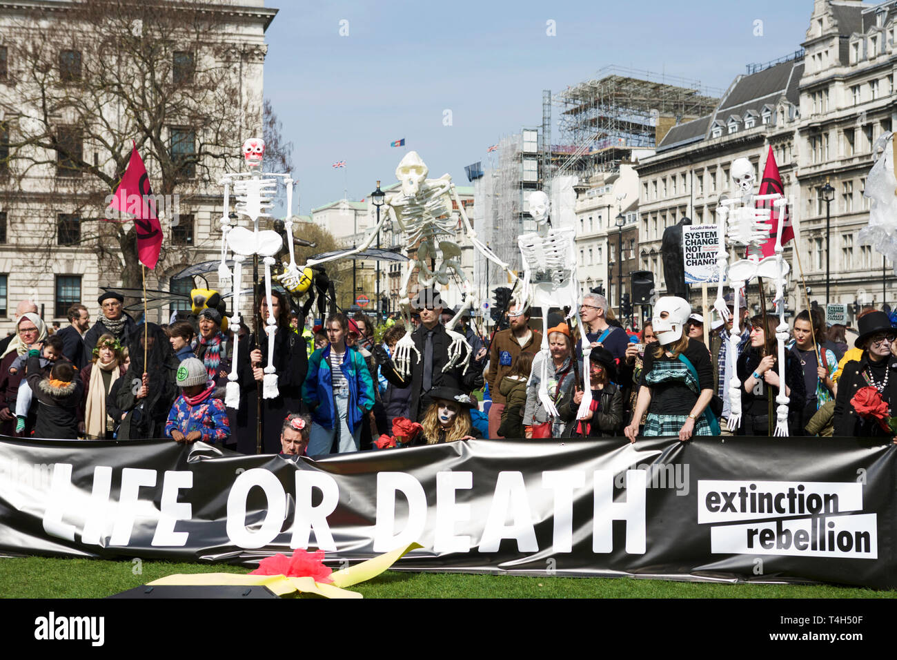 Protesting: Extinction Rebellion London - environmental protest activists - demanding governments take action against climate change. Stock Photo