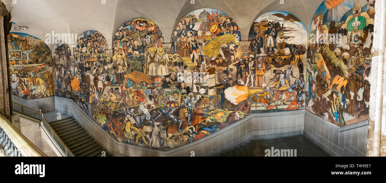 A panoramic view of the stairway mural by Diego Rivera inside the