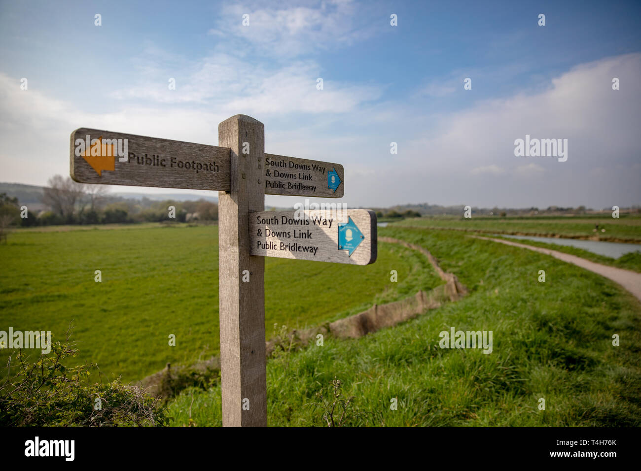 South Downs nearr Bramber, Sussex. Sign post showing Downs Link, South Downs Way and footpath. Stock Photo