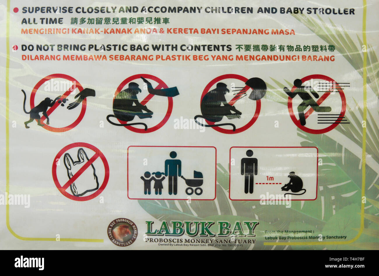 Rules posted for visitors to Labuk Bay Proboscis Monkey Sanctuary, Labuk Bay (Sandakan), Sabah (Borneo), Malaysia Stock Photo
