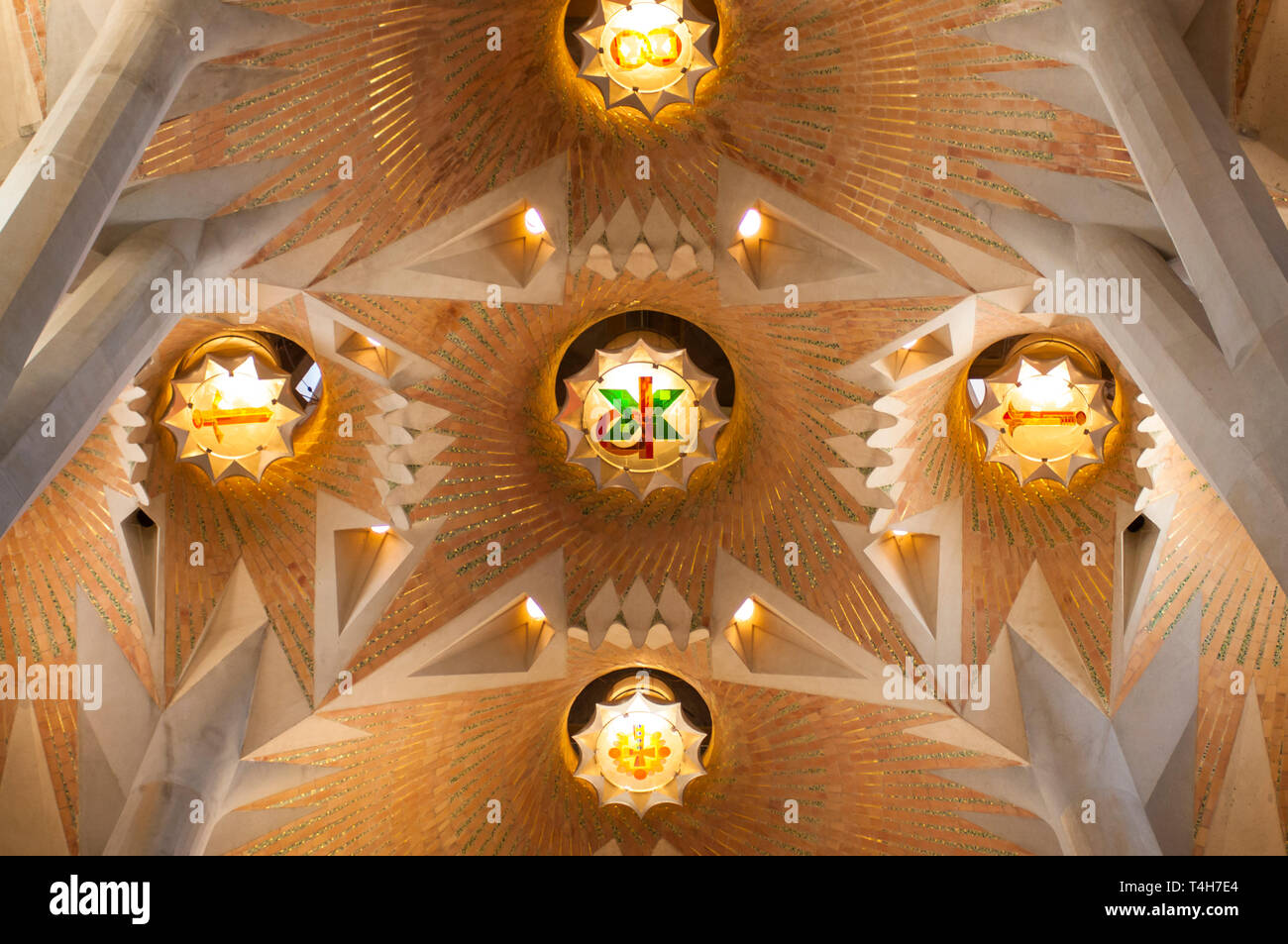 Ceiling of the interior of the expiatory temple of the Sagrada Familia, designed by the architect Antoni Gaudi, Barcelona, Catalonia, Spain Stock Photo