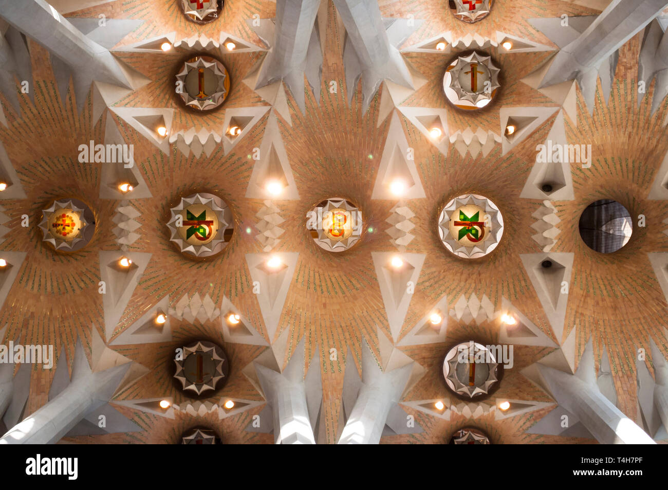 Ceiling of the interior of the expiatory temple of the Sagrada Familia, designed by the architect Antoni Gaudi, Barcelona, Catalonia, Spain Stock Photo
