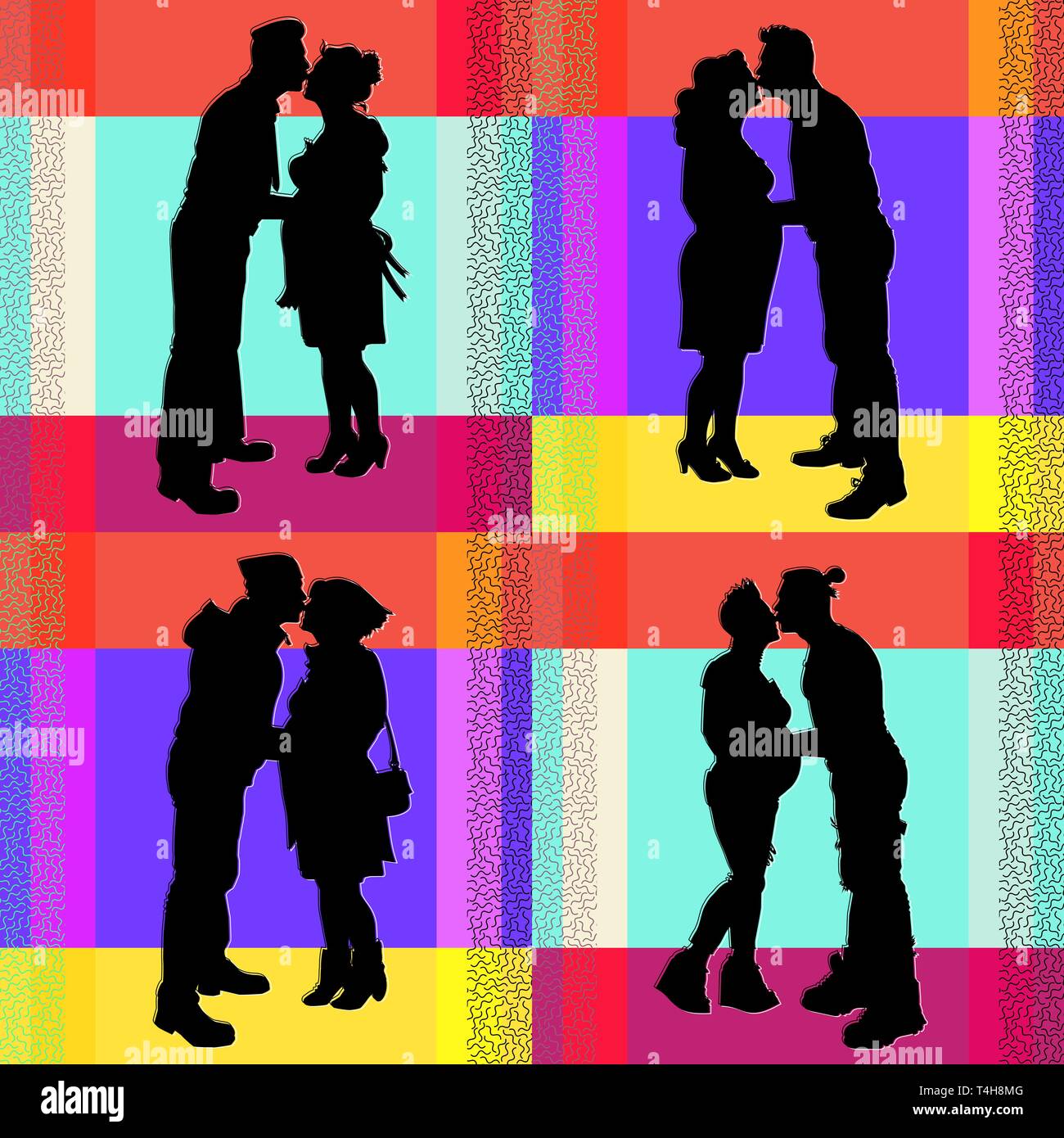 A collection of images of a pregnant couple. Future young parents gently kiss. Can be templates for the design of cards, banners, advertising. Stock Vector