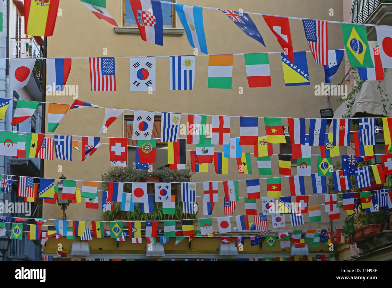 International Flags Festive Decoration Over Streets Stock Photo Alamy