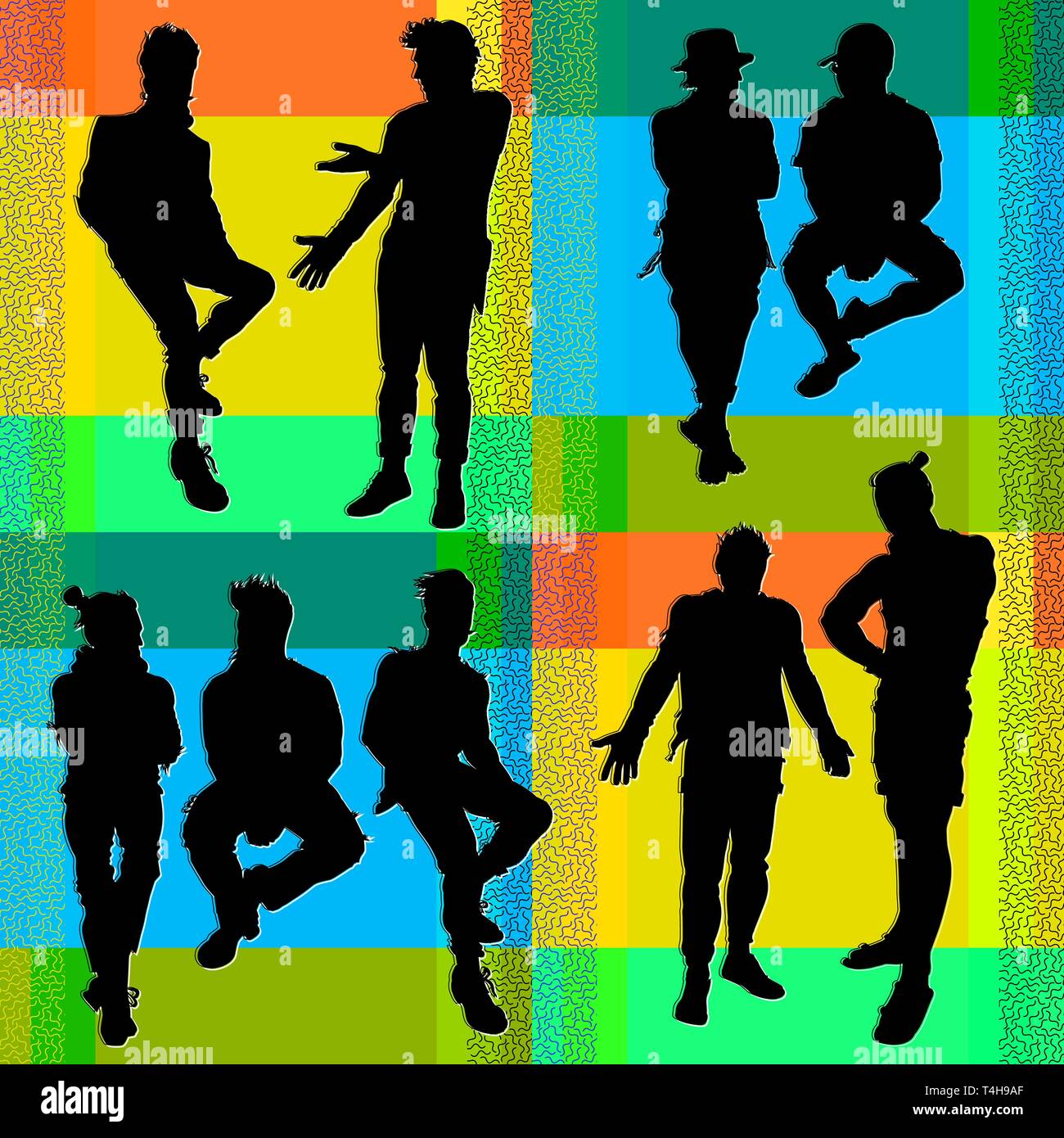 Collection of vector silhouettes of men. Hipsters, young guys in city clothes of different styles. Seated, standing, communicating. Templates for desi Stock Vector