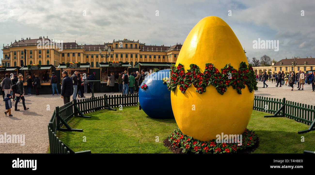 Large blue and yellow decorated Easter eggs at the Easter market near