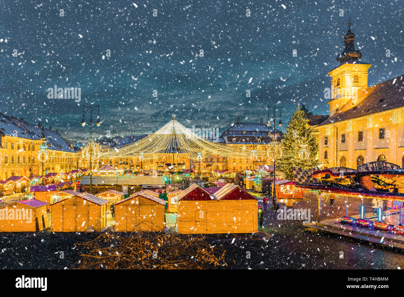 Christmas Market in Sibiu, Transylvania Romania. Beautifull sunset