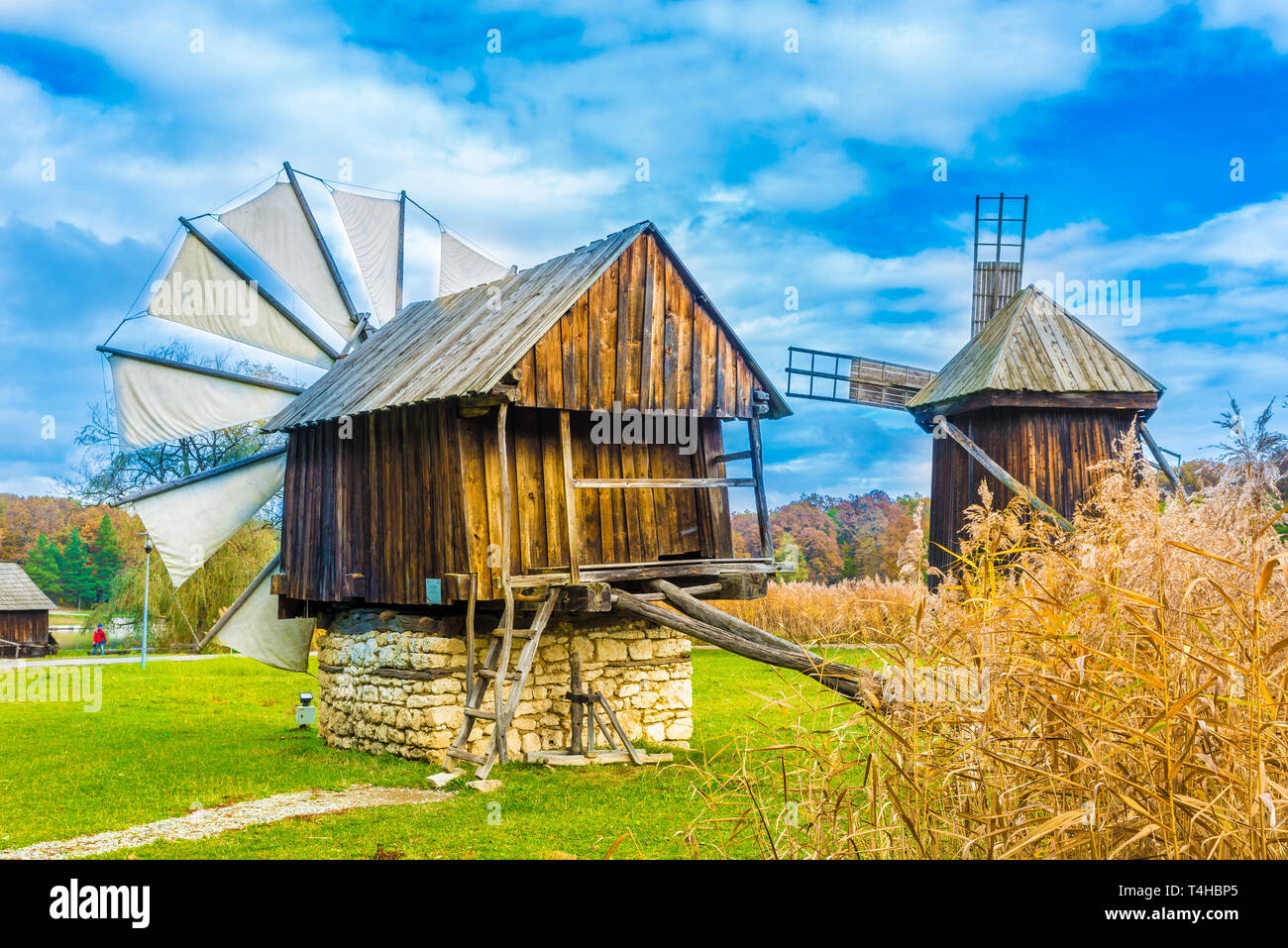 Windmills in the Astra Ethnographic Museum,Sibiu, Romania, Europe Stock Photo